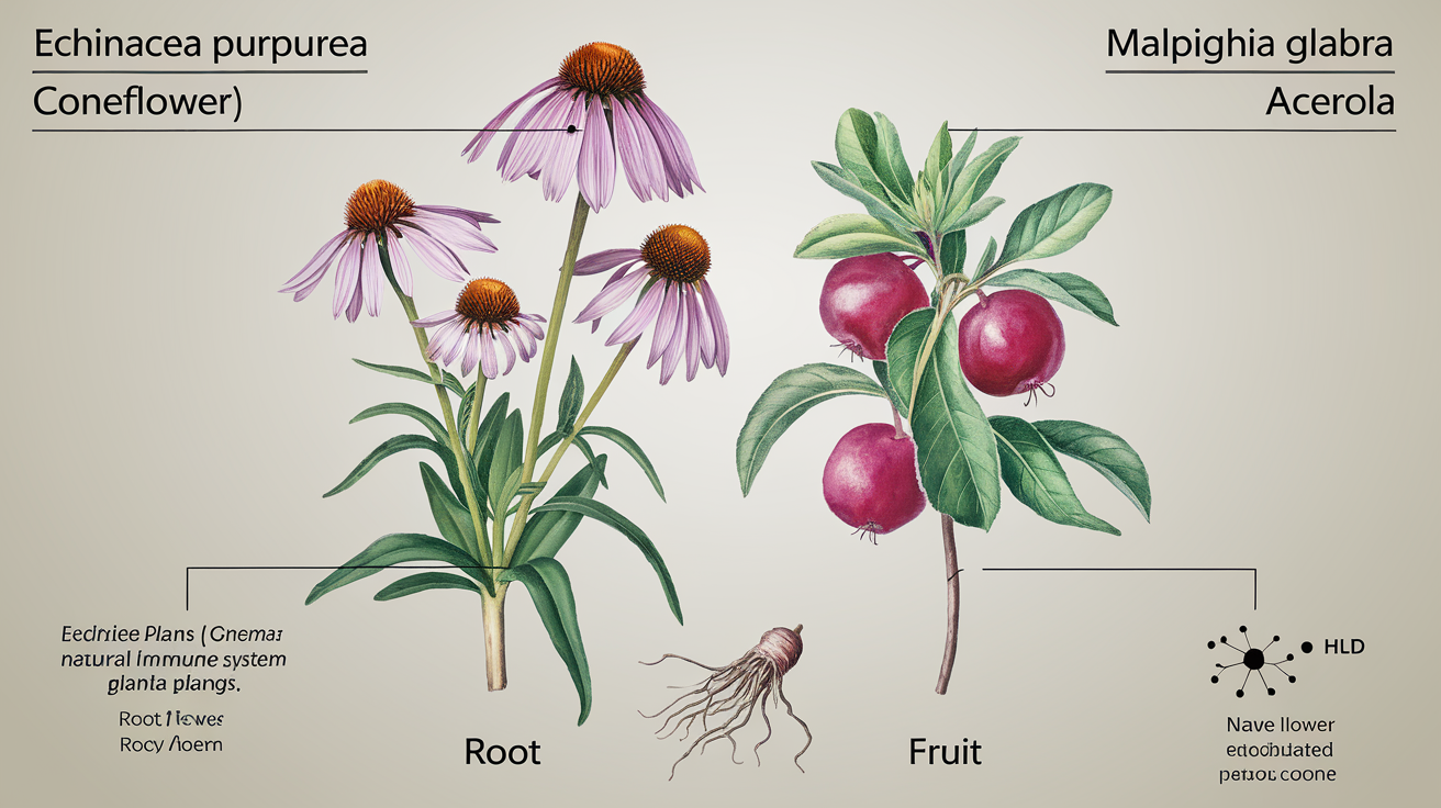 Représentation visuelle des plantes échinacée et acérola, mettant en évidence leurs fruits et parties utilisées pour leurs bienfaits naturels sur le système immunitaire.