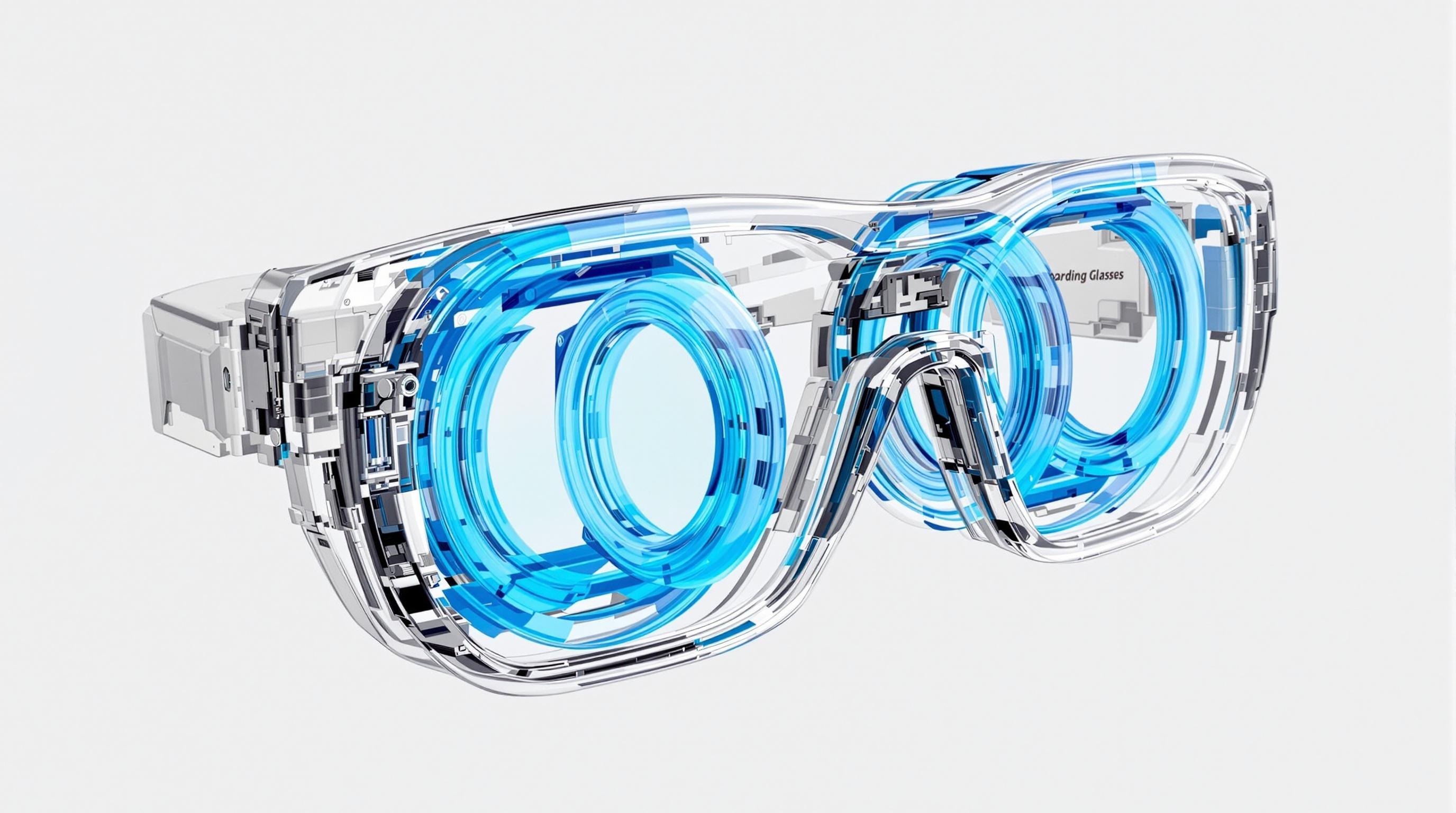 Vue transparente révélant les quatre canaux circulaires remplis de fluide bleu.