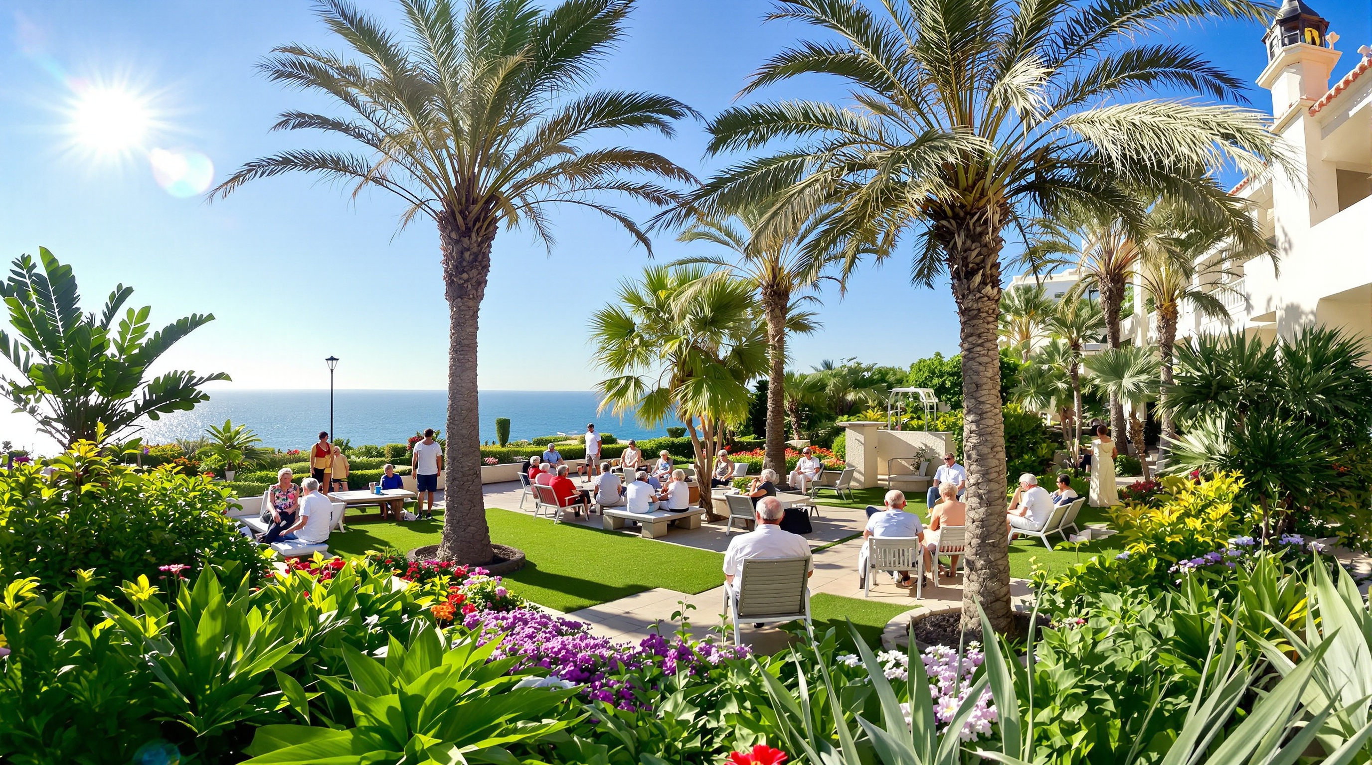 EHPAD moderne à Hyères avec seniors profitant du jardin méditerranéen