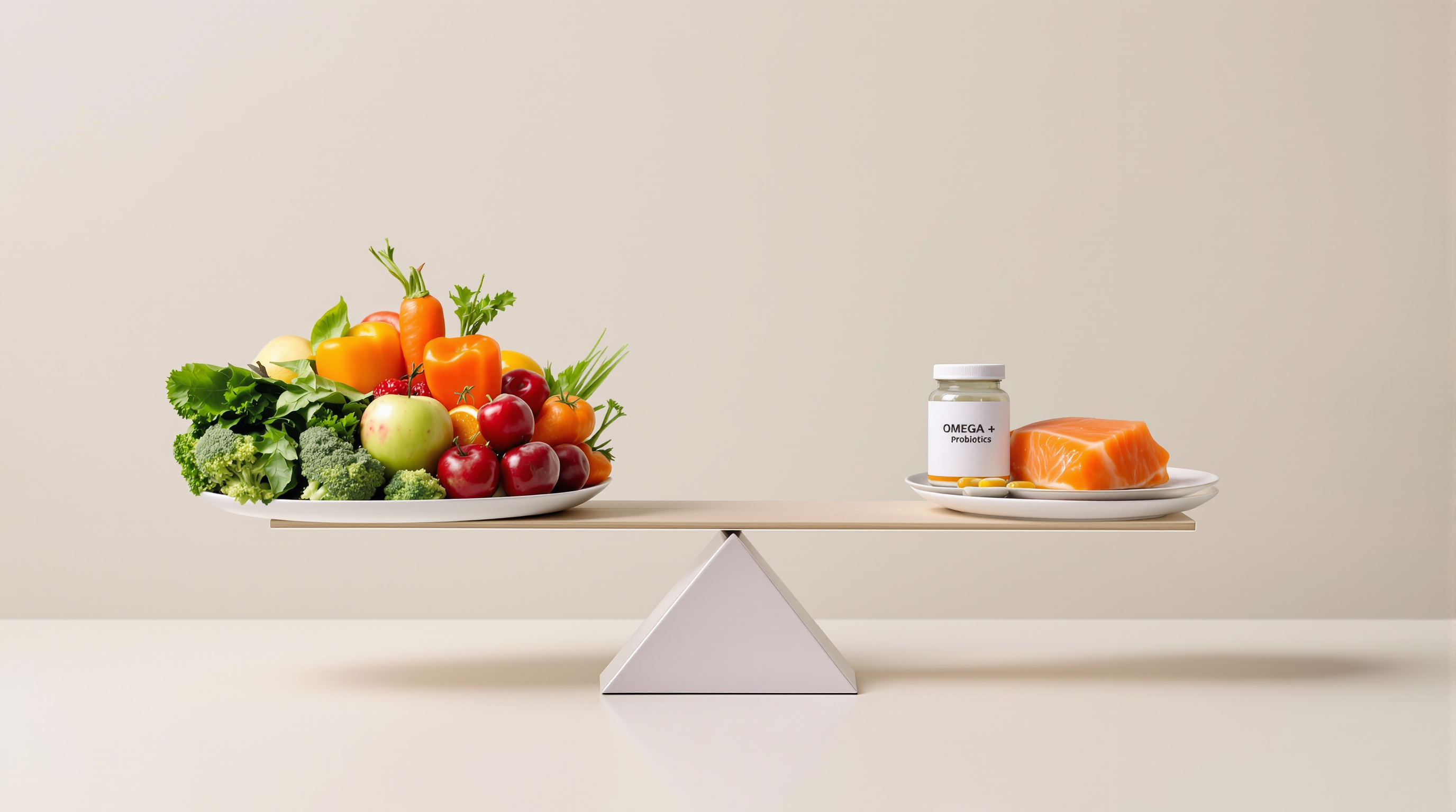 Balance symbolisant l'équilibre entre alimentation saine et compléments alimentaires ciblés