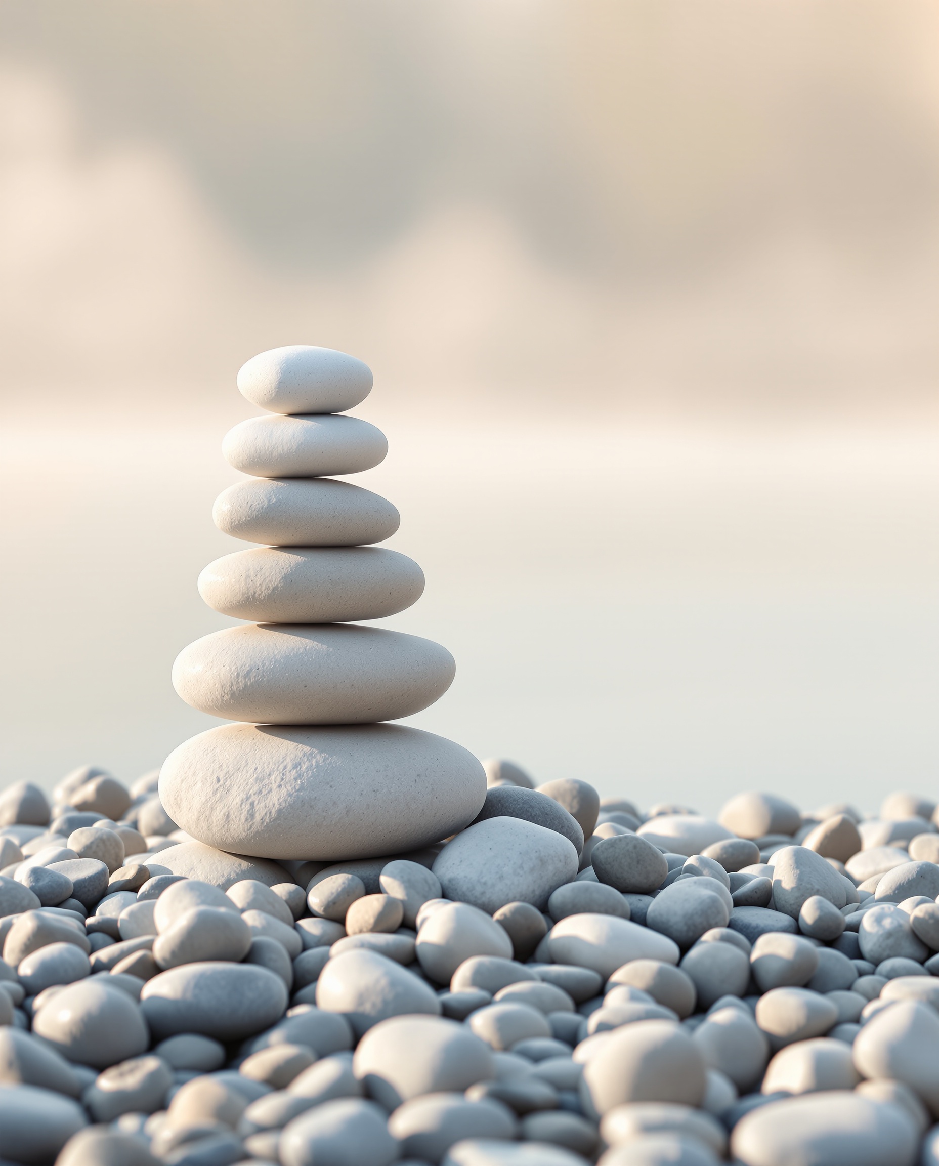 Galets empilés en équilibre sur fond d'eau calme et lumière douce du matin – sérénité et stabilité.