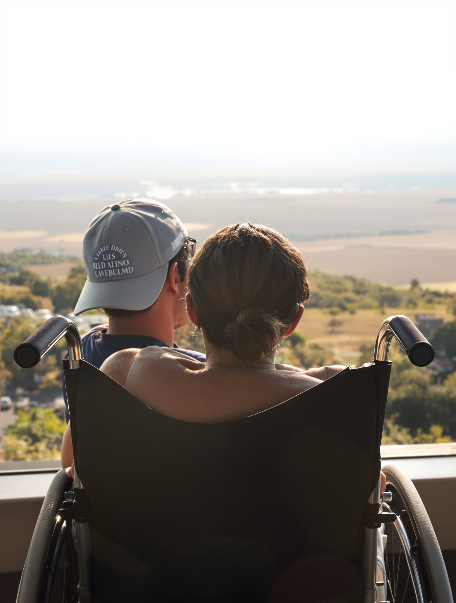 Personne sereine en fauteuil roulant regardant un horizon lumineux, symbolisant l'espoir face à la SLA.