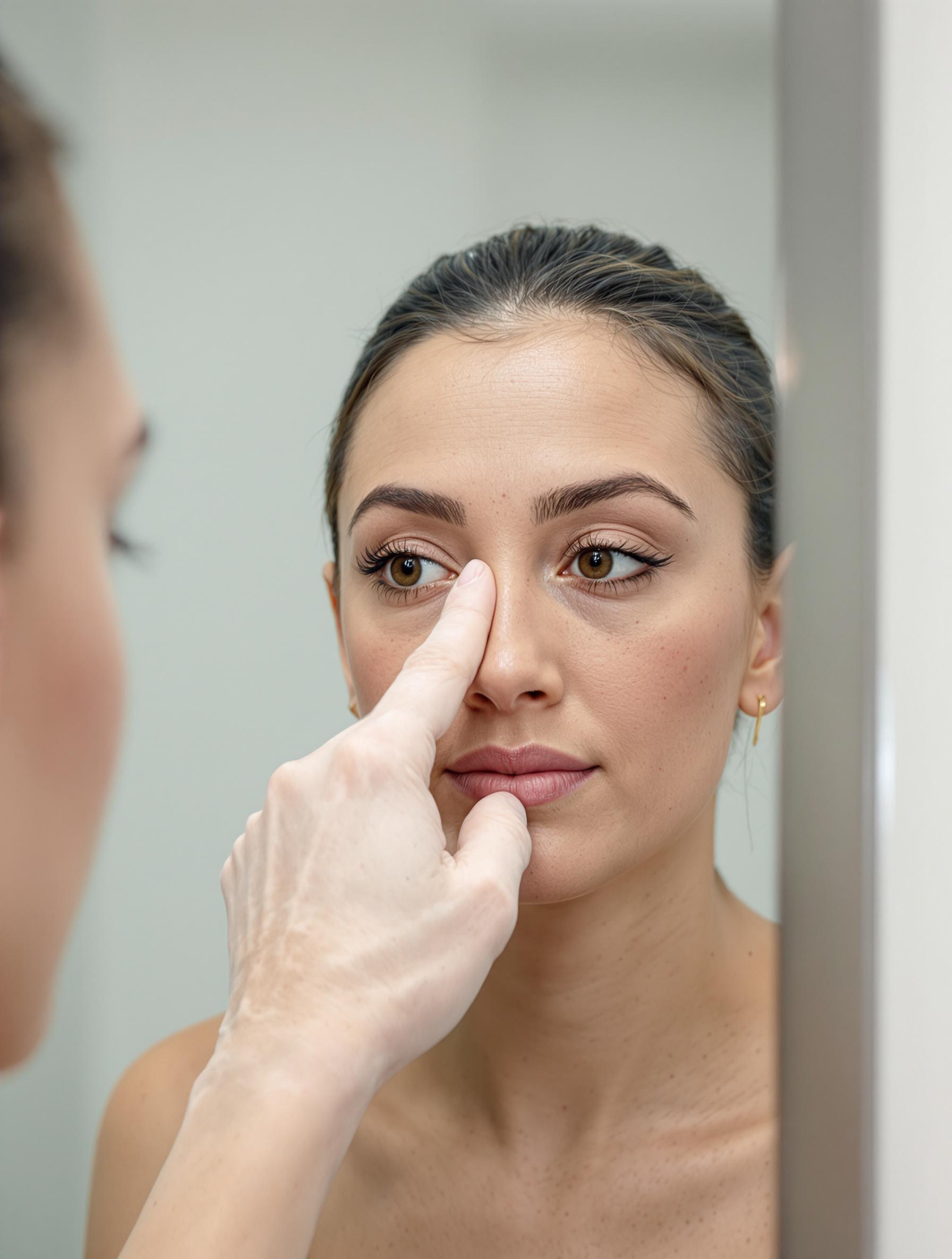Test du pincement cutané devant un miroir avant chirurgie des paupières