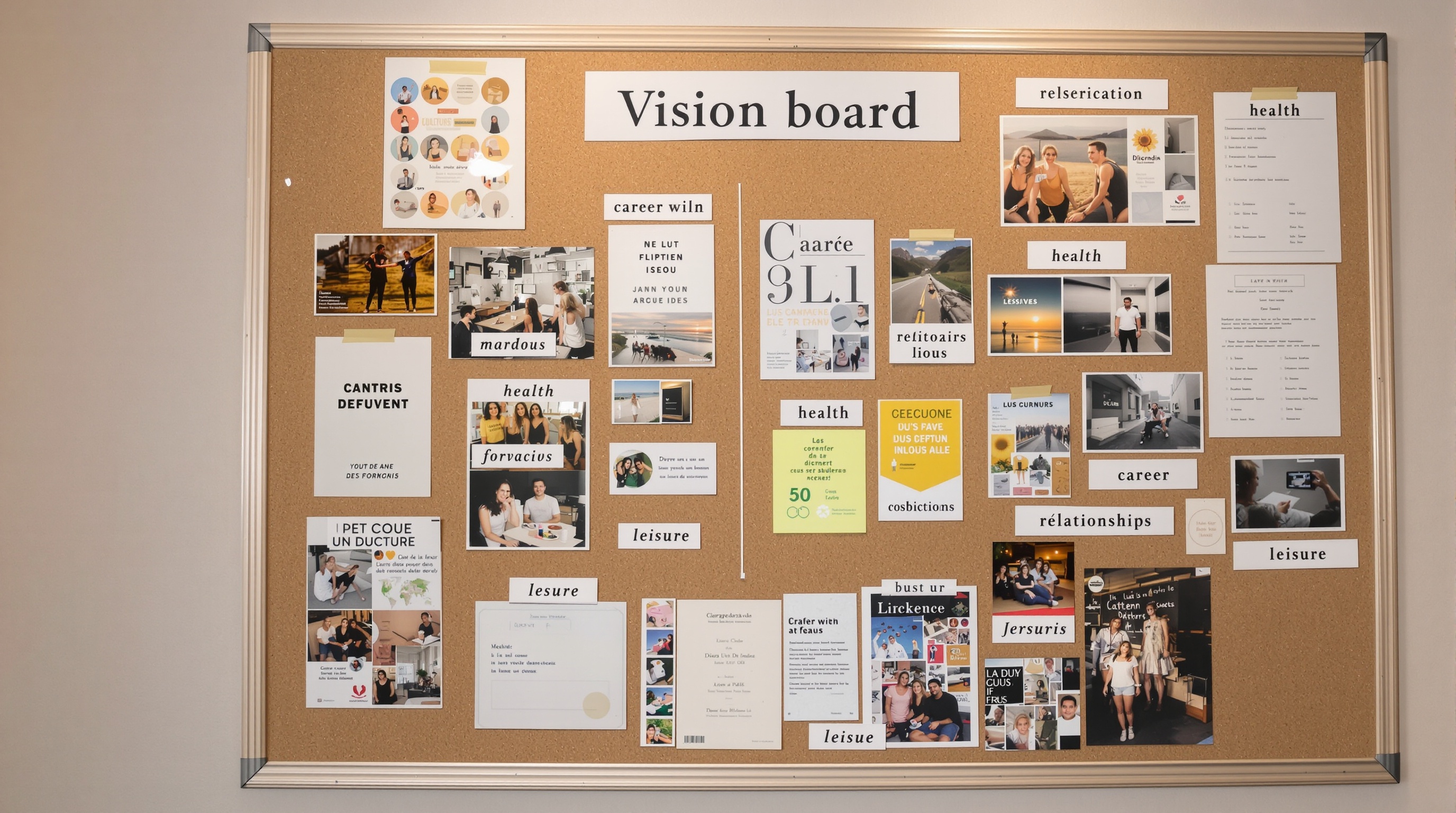 Exemple de vision board structuré par catégorie : carrière, santé, relations, loisirs