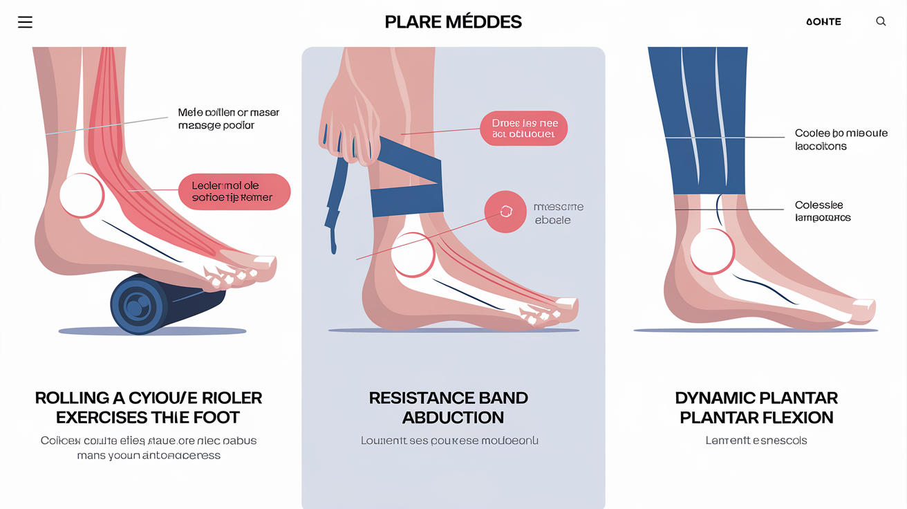 Exercices pour renforcer les muscles plantaires : rouleau plantaire, élastique pour abduction de l'hallux, flexion dynamique