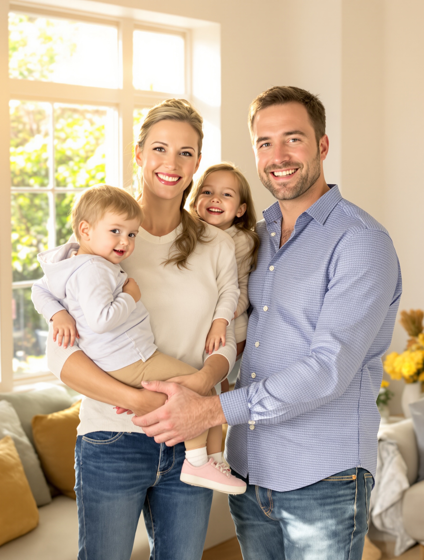 Une famille avec trois enfants souriante et sereine