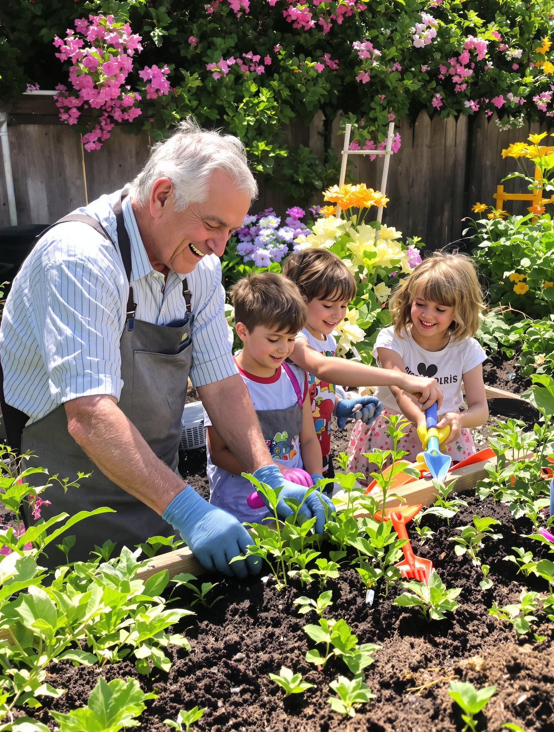 Potager familial intergénérationnel, plantation avec enfants