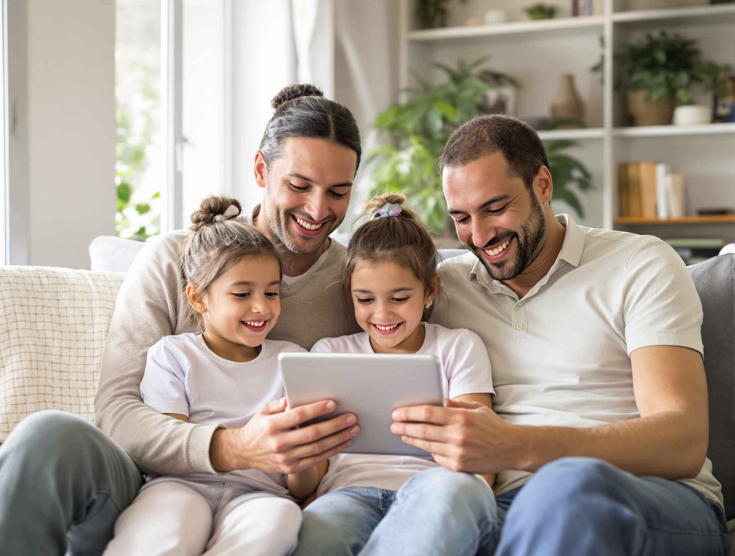 Famille souriante consultant une tablette pour gérer dossier CAF