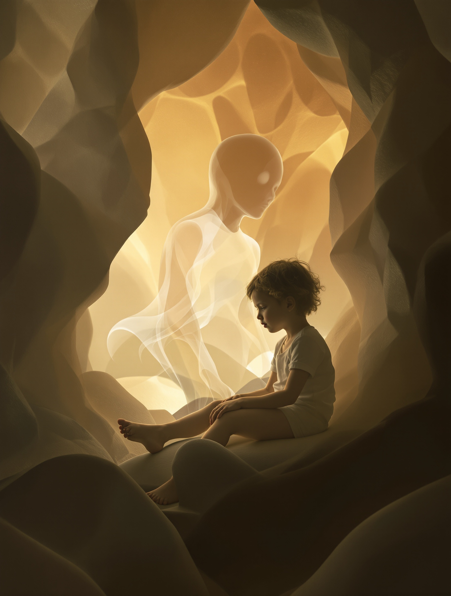 Fantôme du jumeau perdu à côté d'un enfant dans une lumière douce