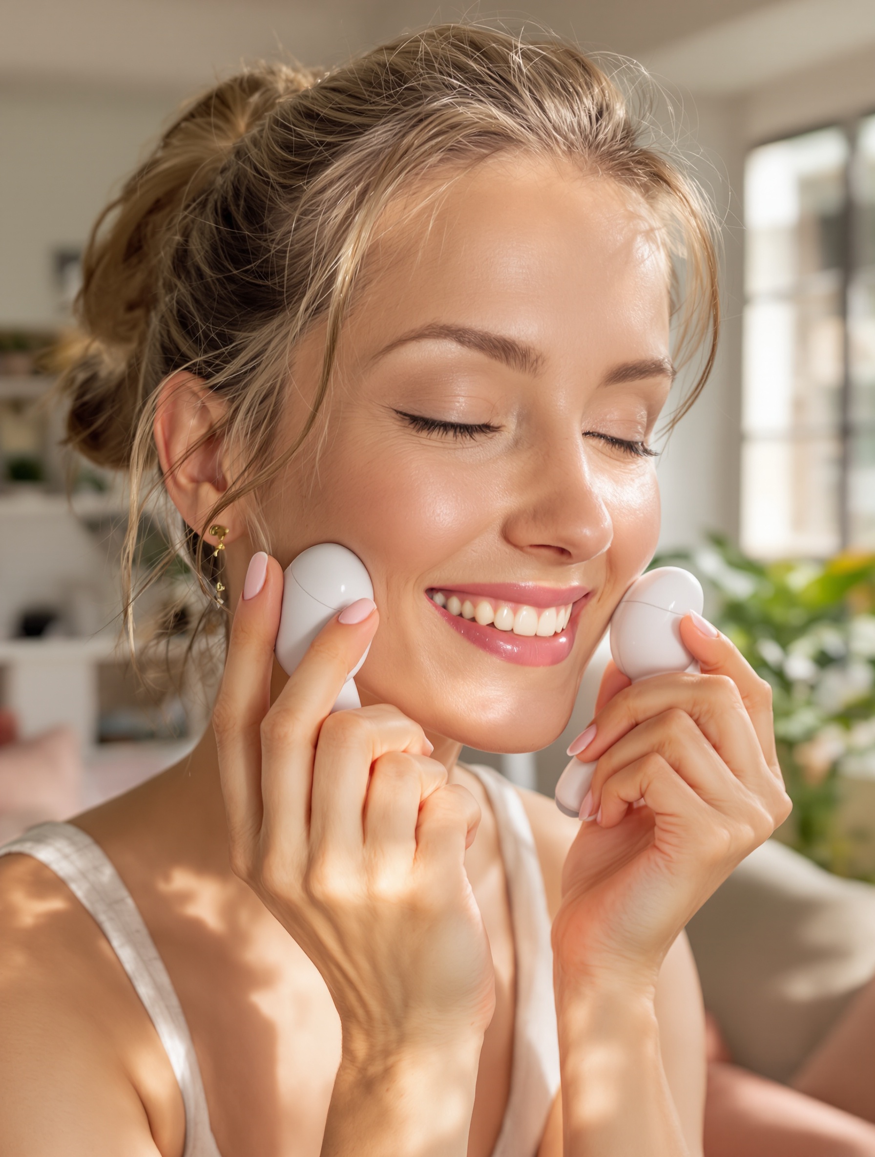 Femme souriante utilisant un appareil anti-rides ergonomique à domicile