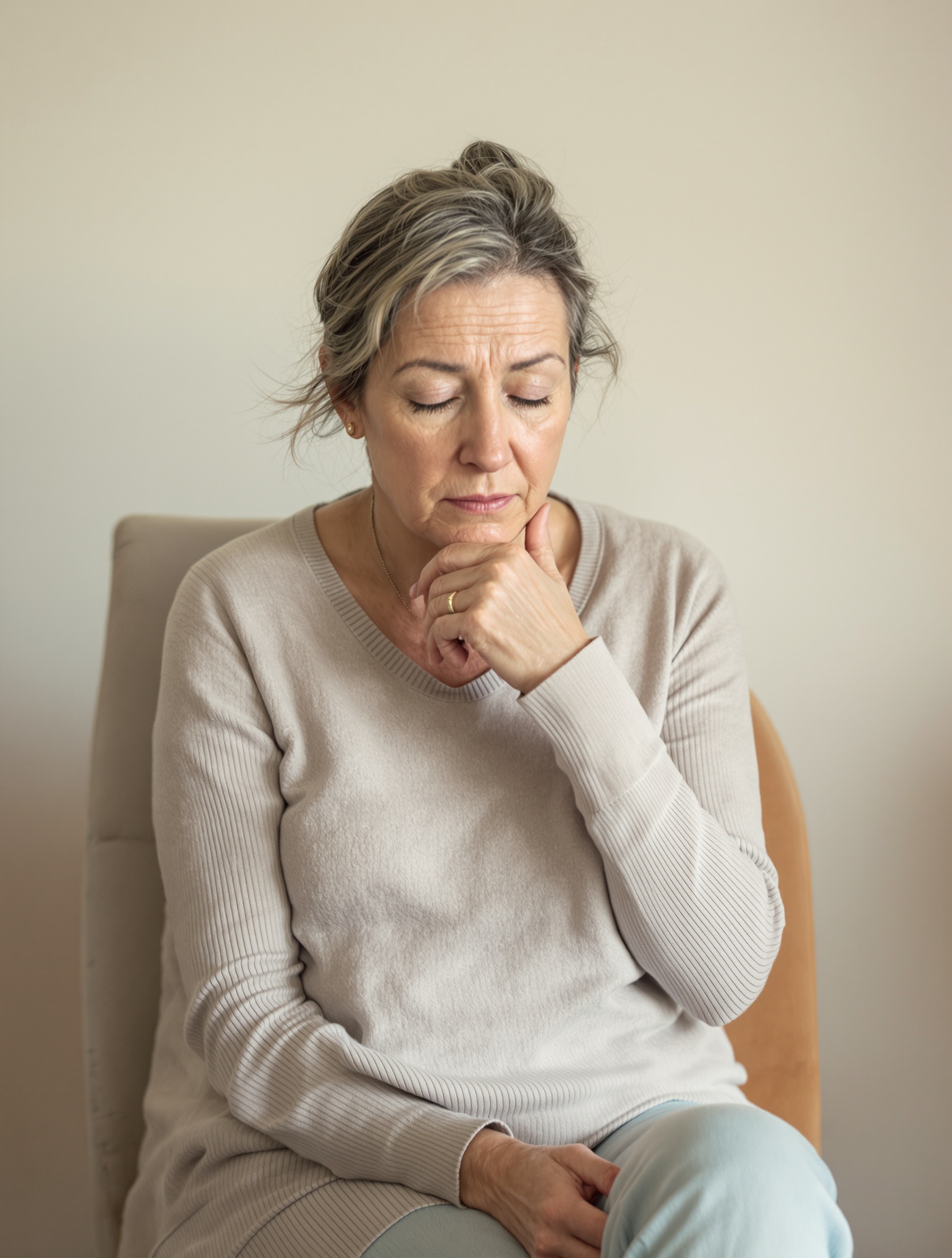 Femme ménopausée air pensif ordonnance Colpotrophine