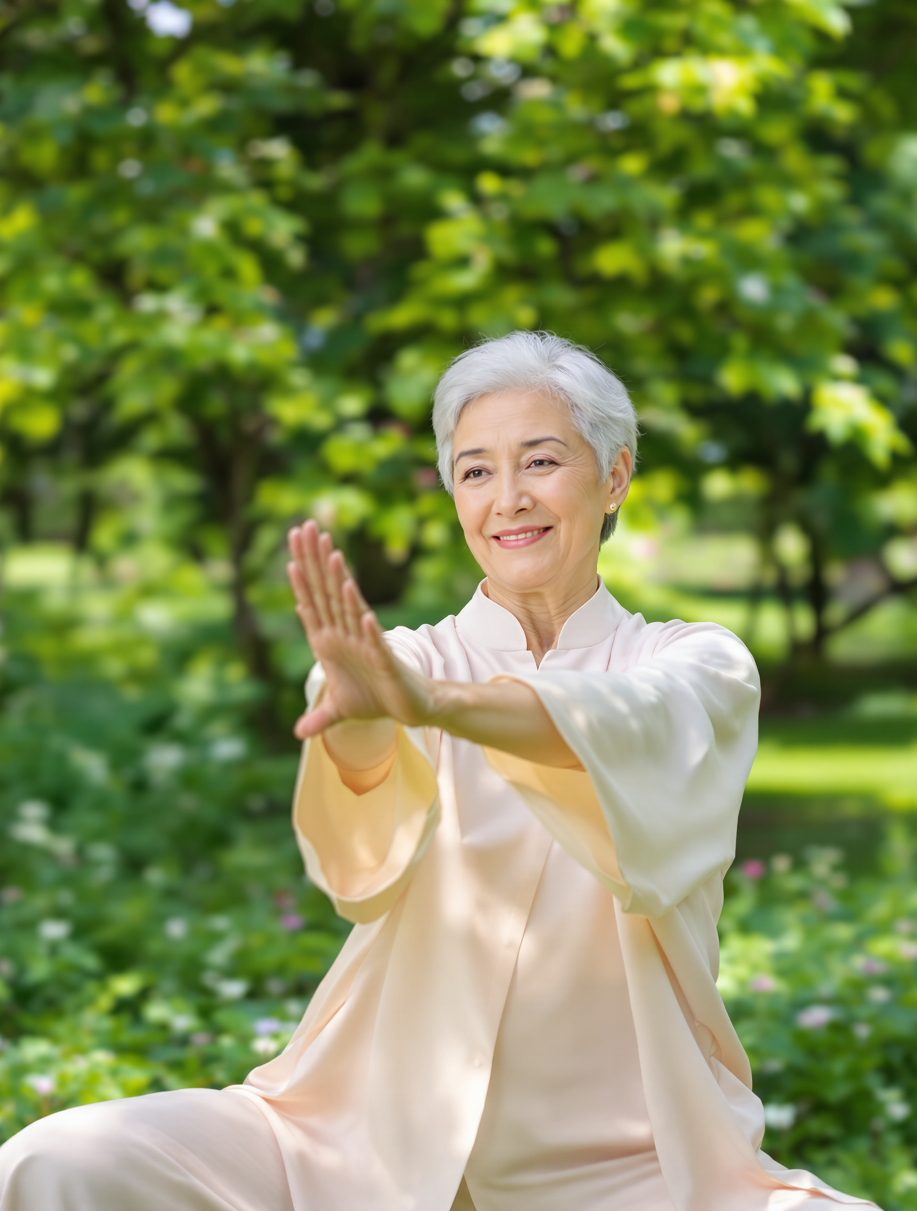 Femme mature pratiquant le Tai Chi dans un parc — APA et bien-être