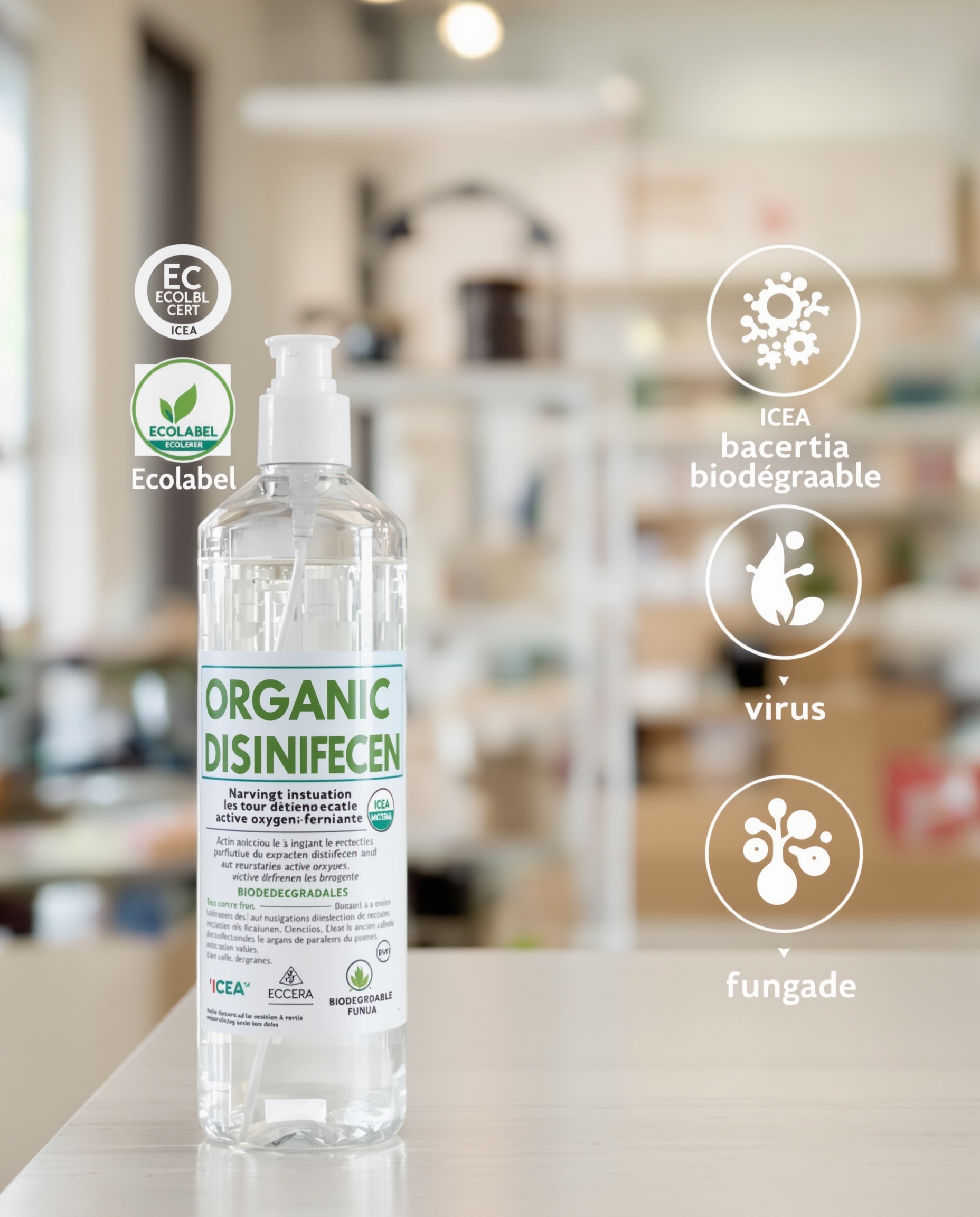 Étiquettes et flacon bio de désinfectant oxygène actif avec logos de certifications écologiques.