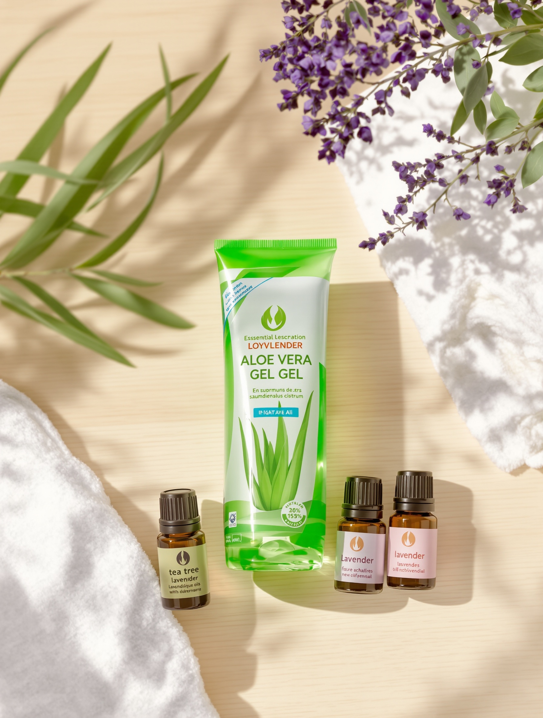 Flacon de gel d'Aloe Vera entouré d'huiles essentielles de tea tree et lavande sur table en bois clair – usage complémentaire contre symptômes cutanés de la gale.