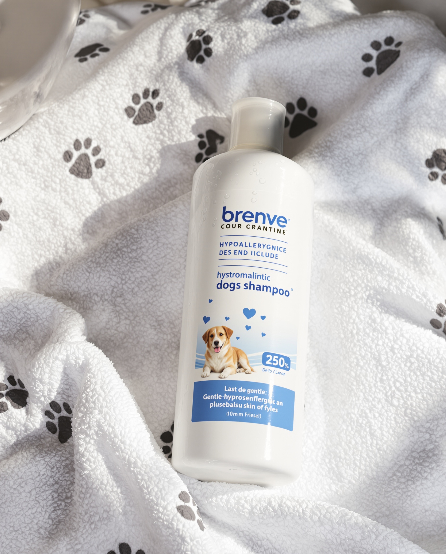 Un flacon de shampoing doux et hypoallergénique pour chien.