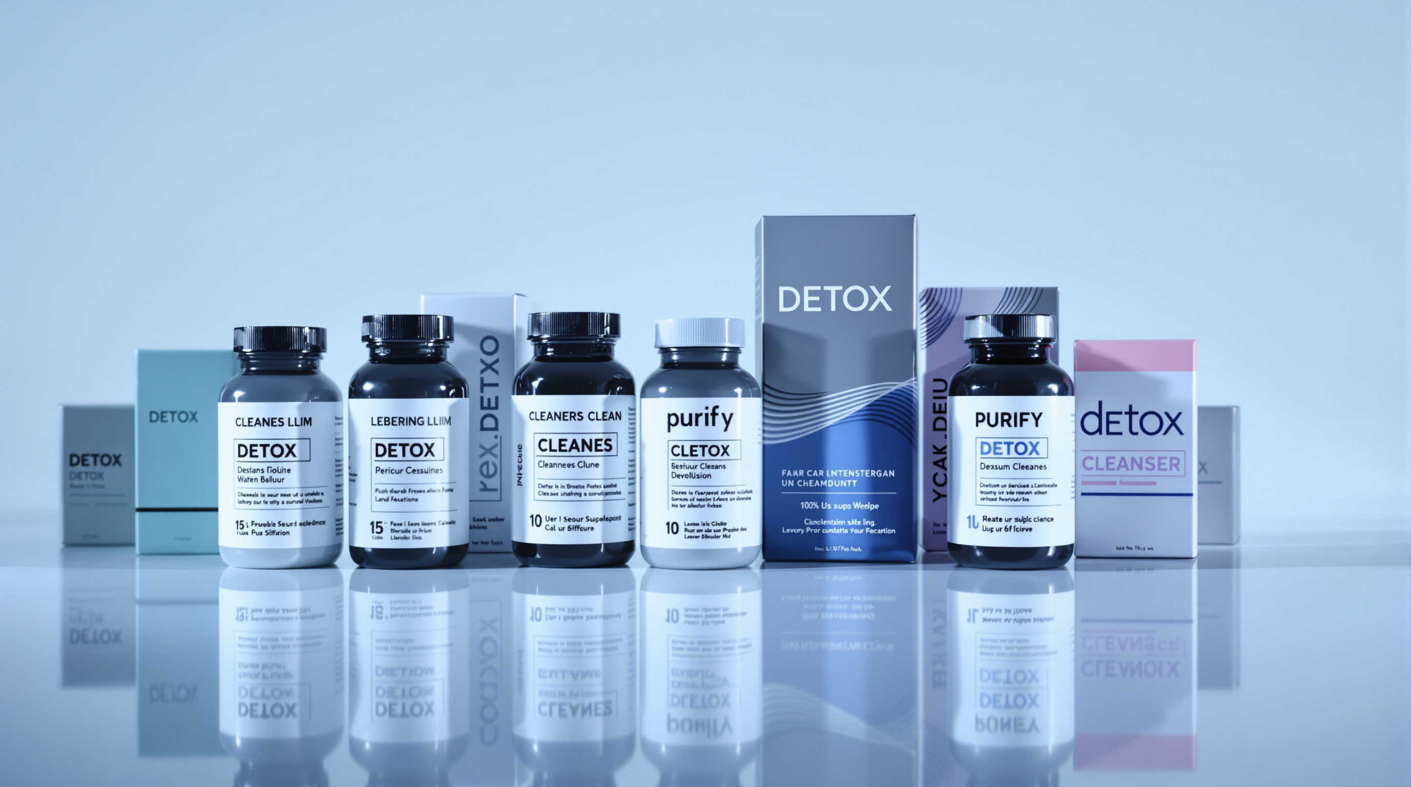 Rangée froide de boîtes marquées 'Détox', 'Cleanse', 'Purify', soulignant l’aspect marketing plus que santé.