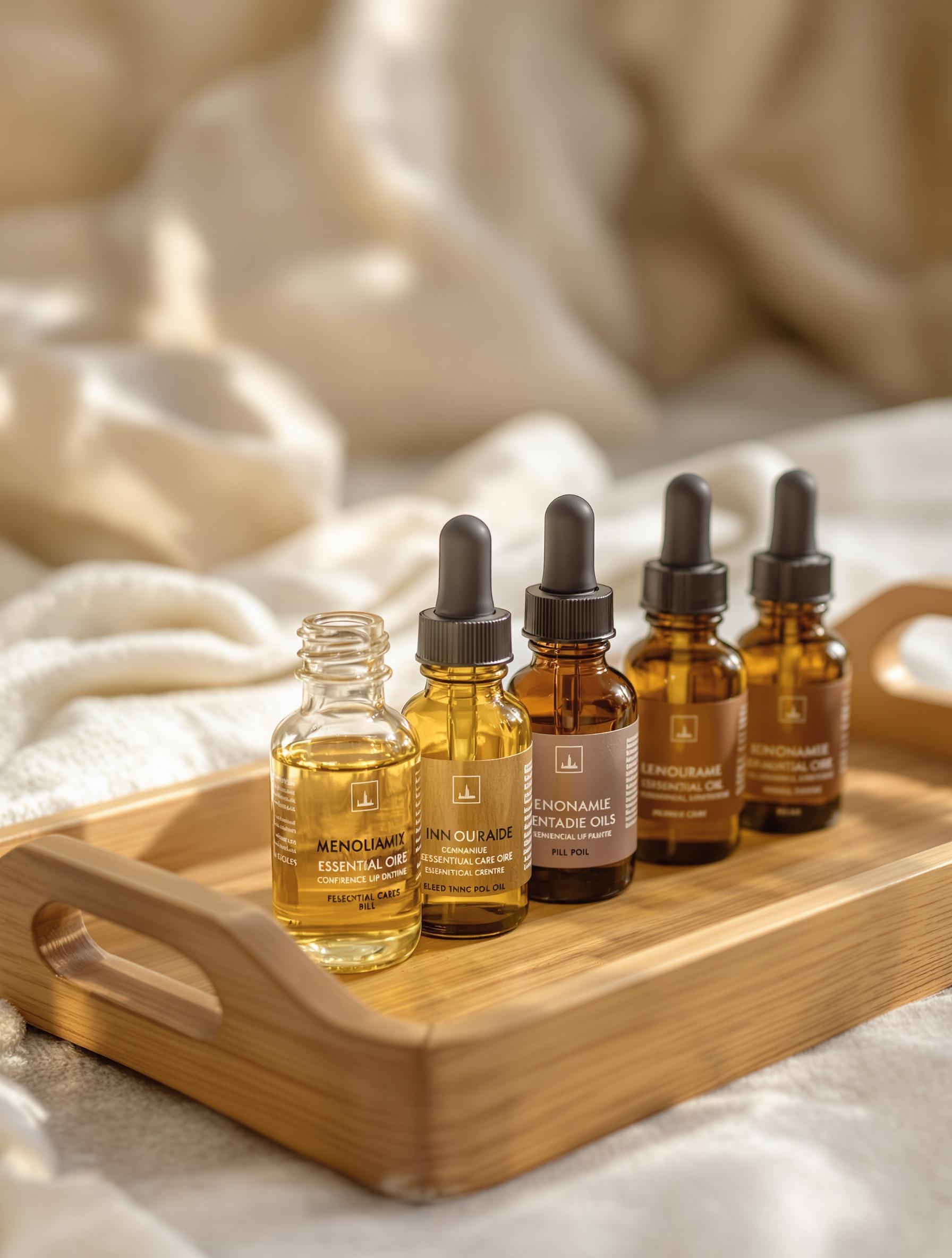 Flacons d’huiles essentielles posés sur un plateau en bois dans une salle de soins palliatifs