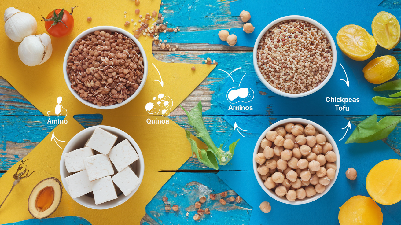 Bols de lentilles, quinoa, pois chiches et tofu avec icônes des acides aminés