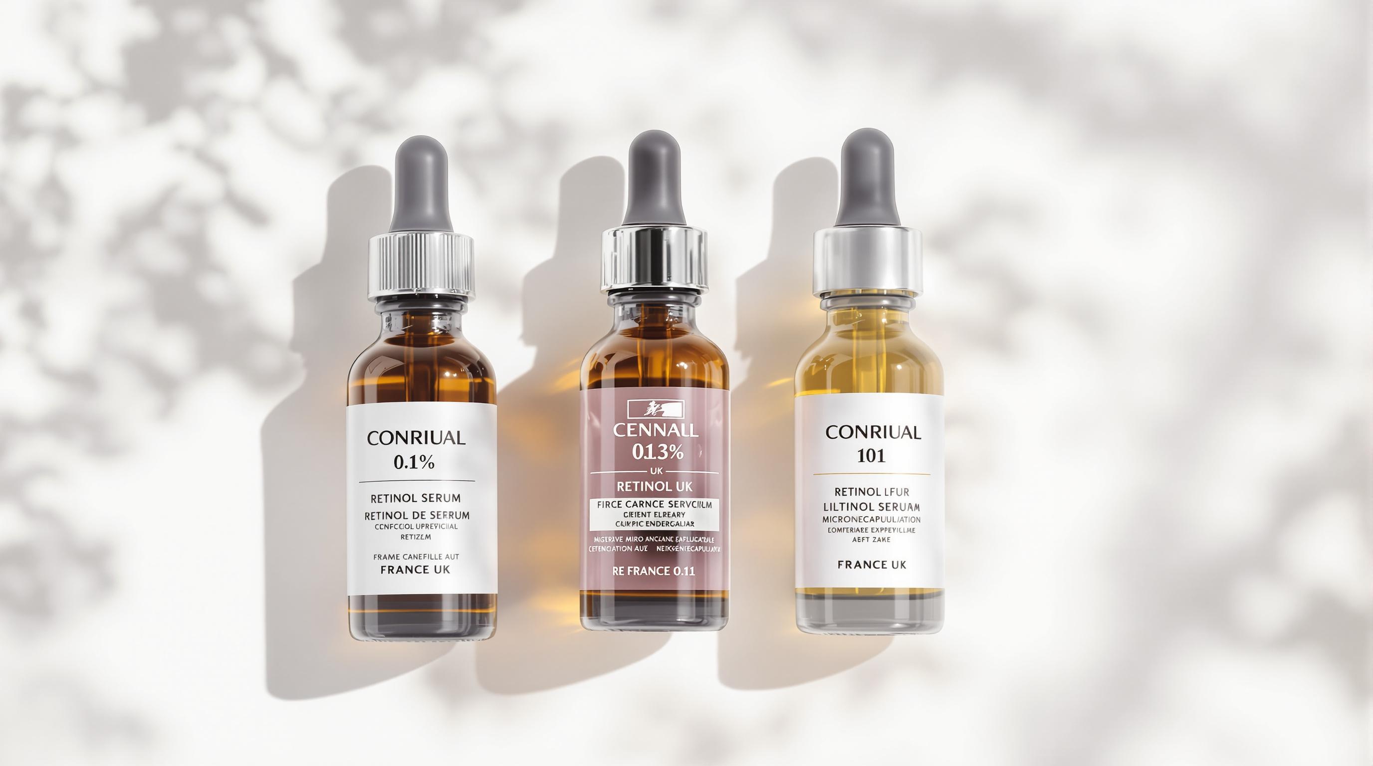 Trois flacons de sérum au rétinol avec différentes concentrations