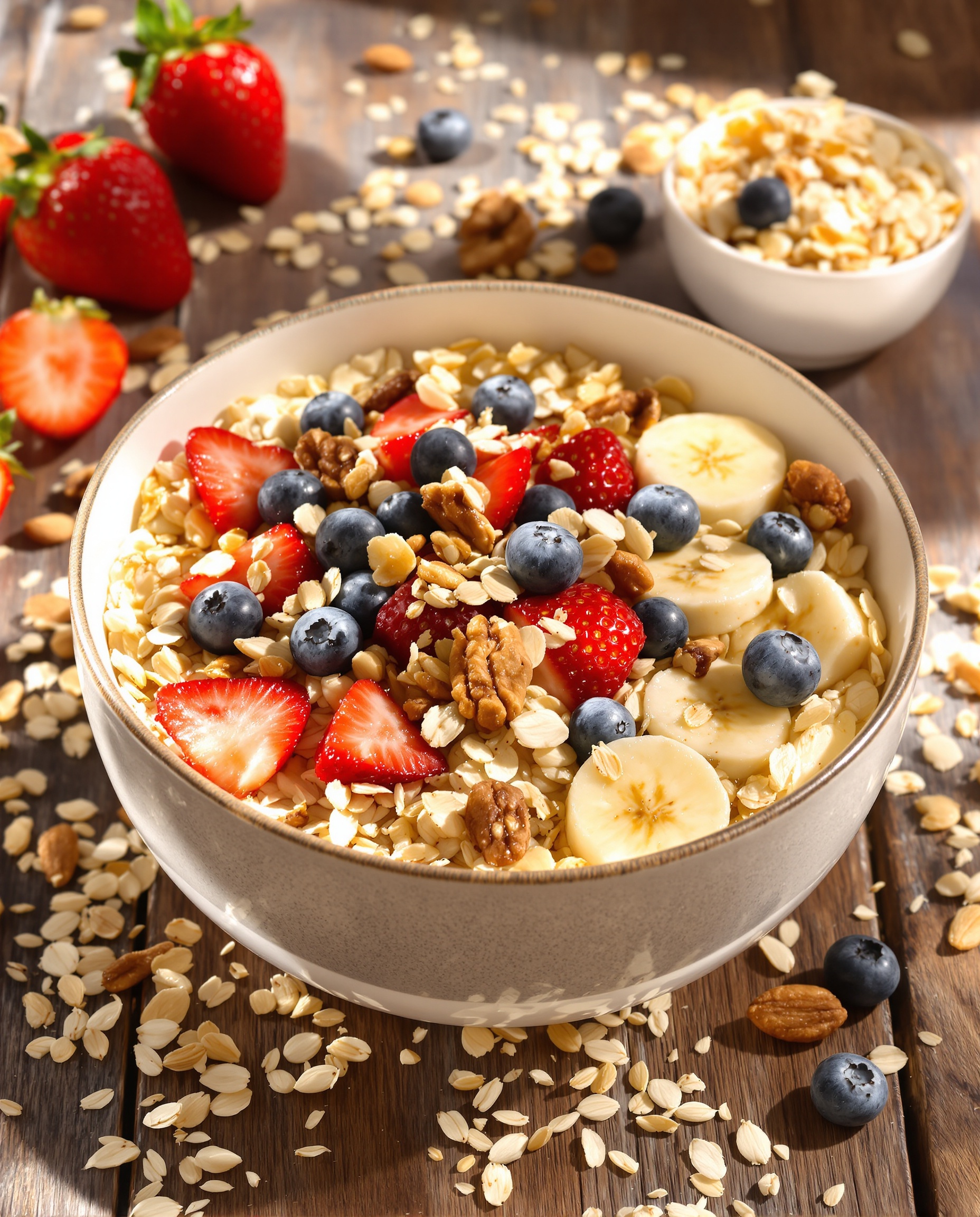 Flocons d'avoine avec fruits frais et noix - Petit déjeuner riche en glucides complexes pour une prise de masse.