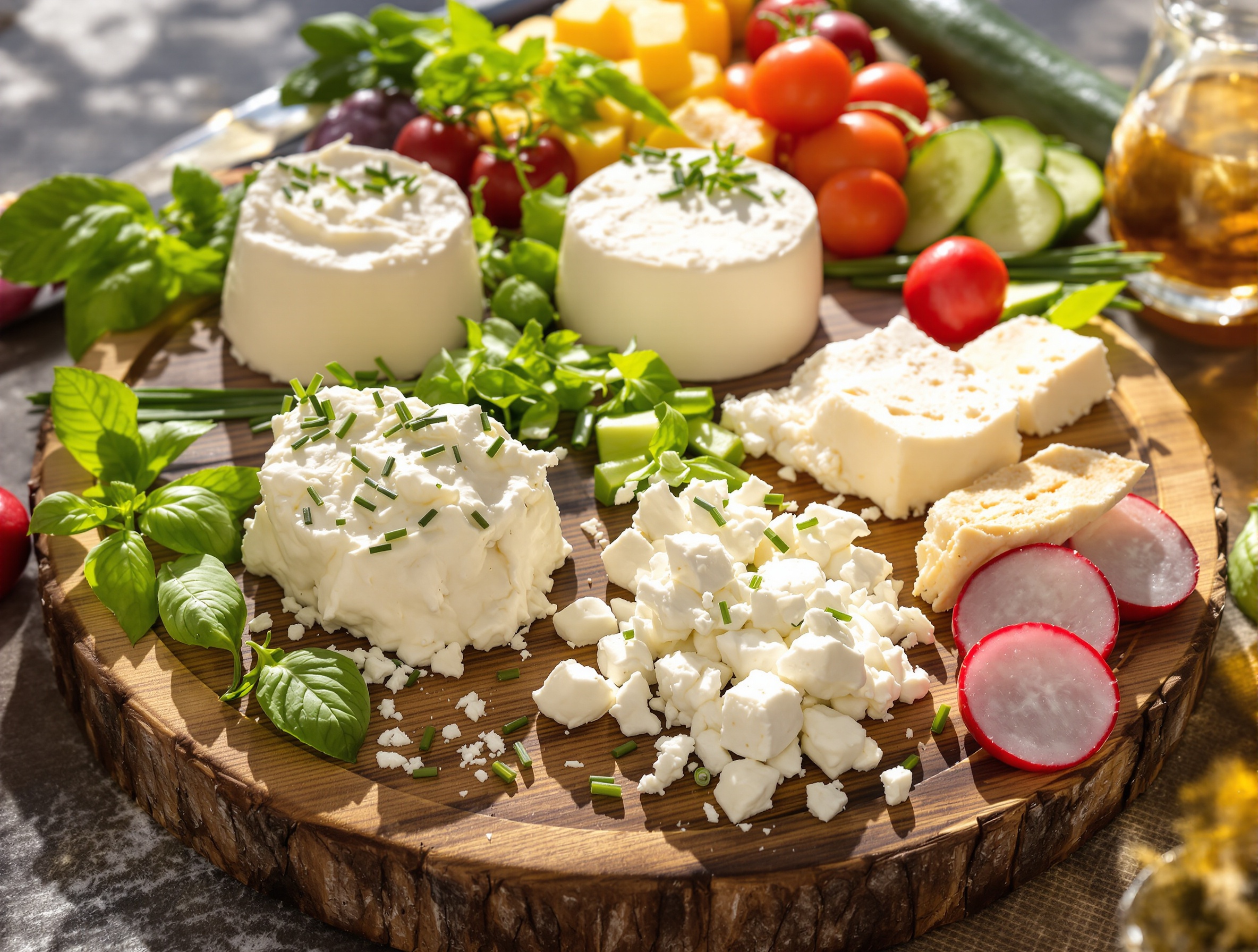 Planche avec ricotta, cottage cheese, mozzarella light, feta, herbes fraîches et légumes croquants.