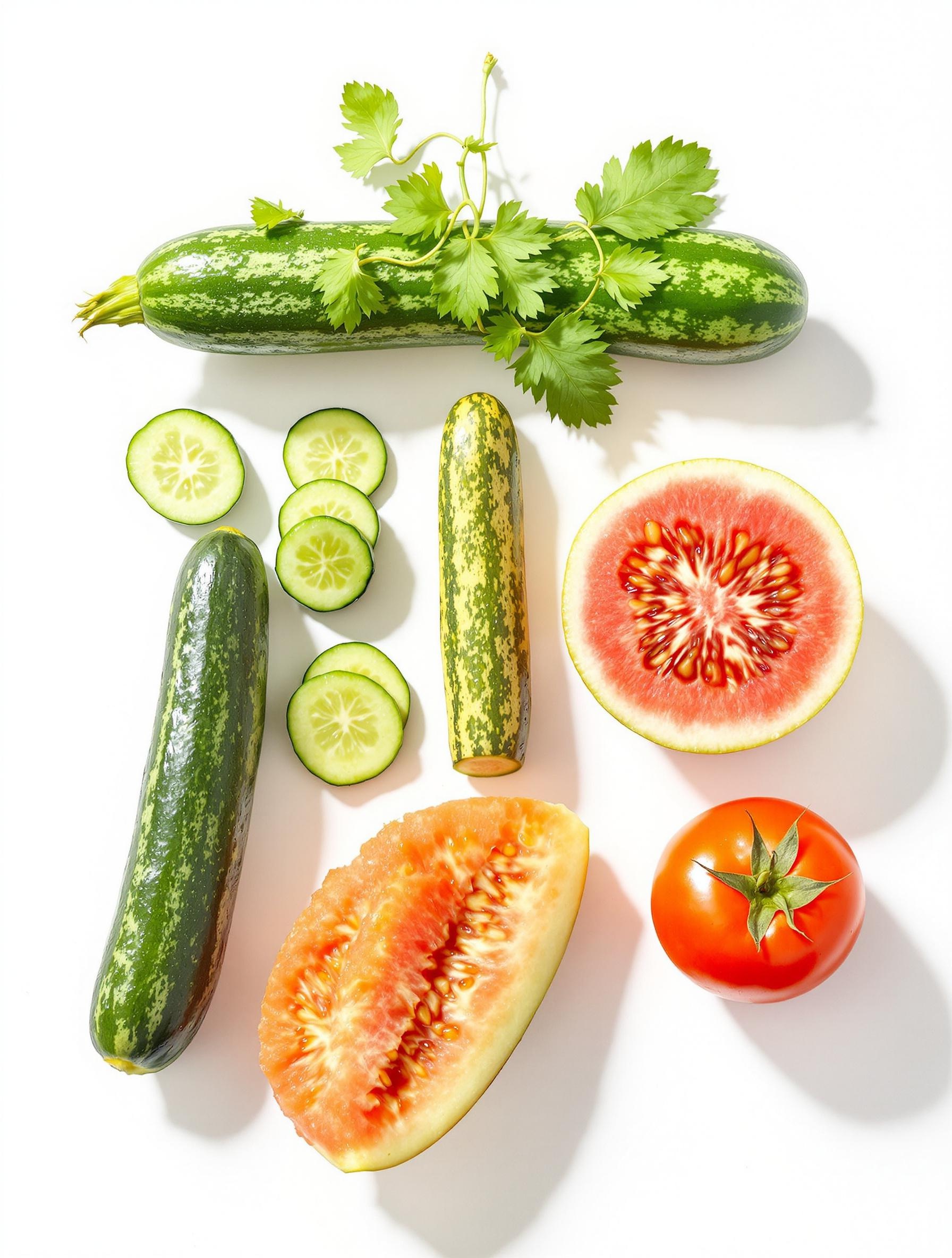 Fruits et légumes riches en eau comme la pastèque, le concombre, le melon et la tomate