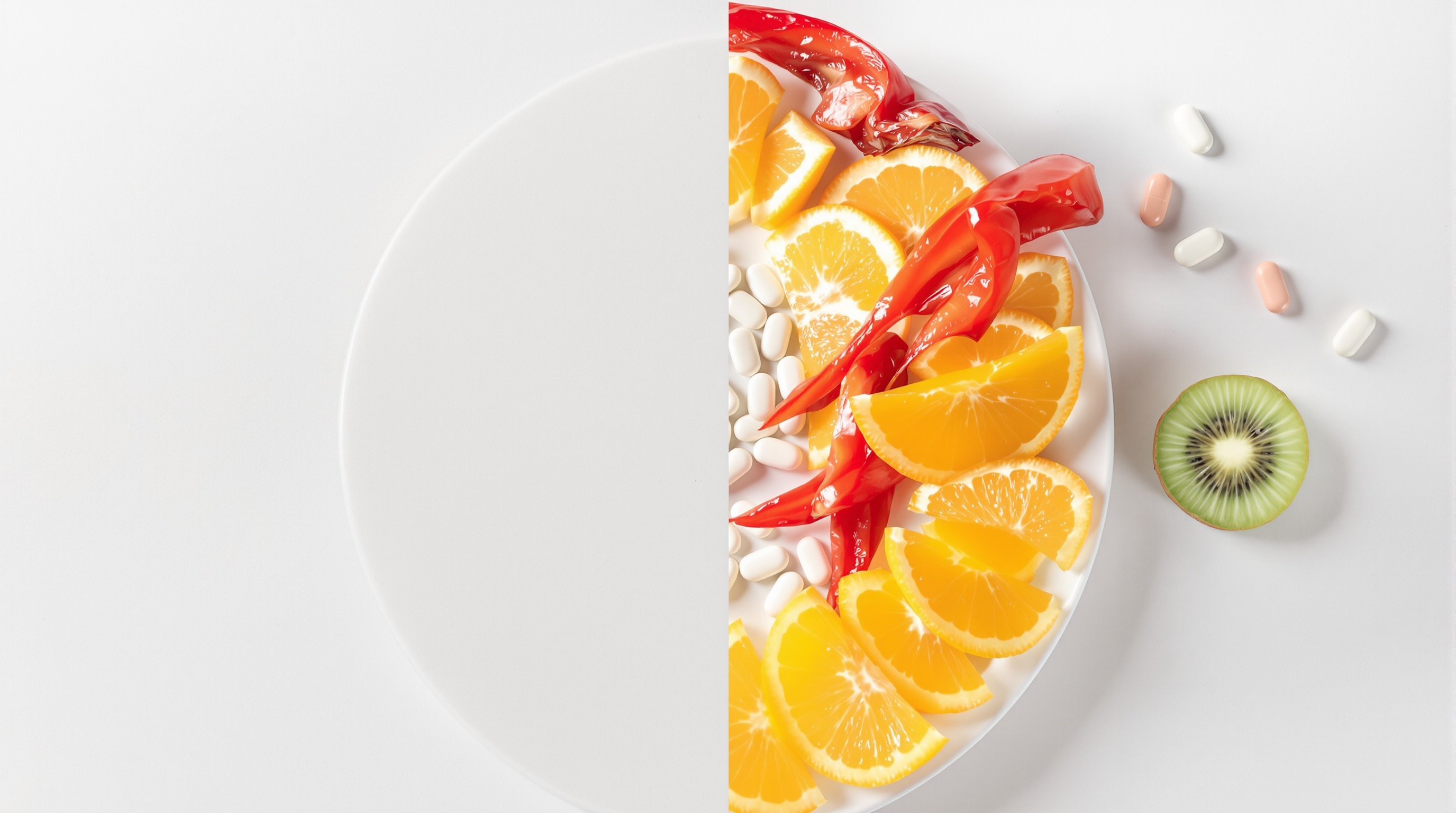 assiette fruits riches en vitamine C et comprimés côte à côte complémentarité