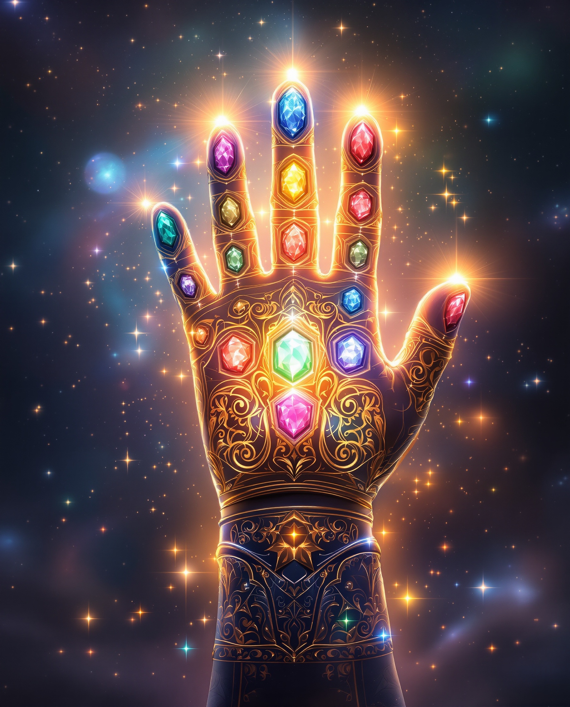 Main humaine stylisée Gant de l'Infini méditatif avec pierres colorées en équilibre.