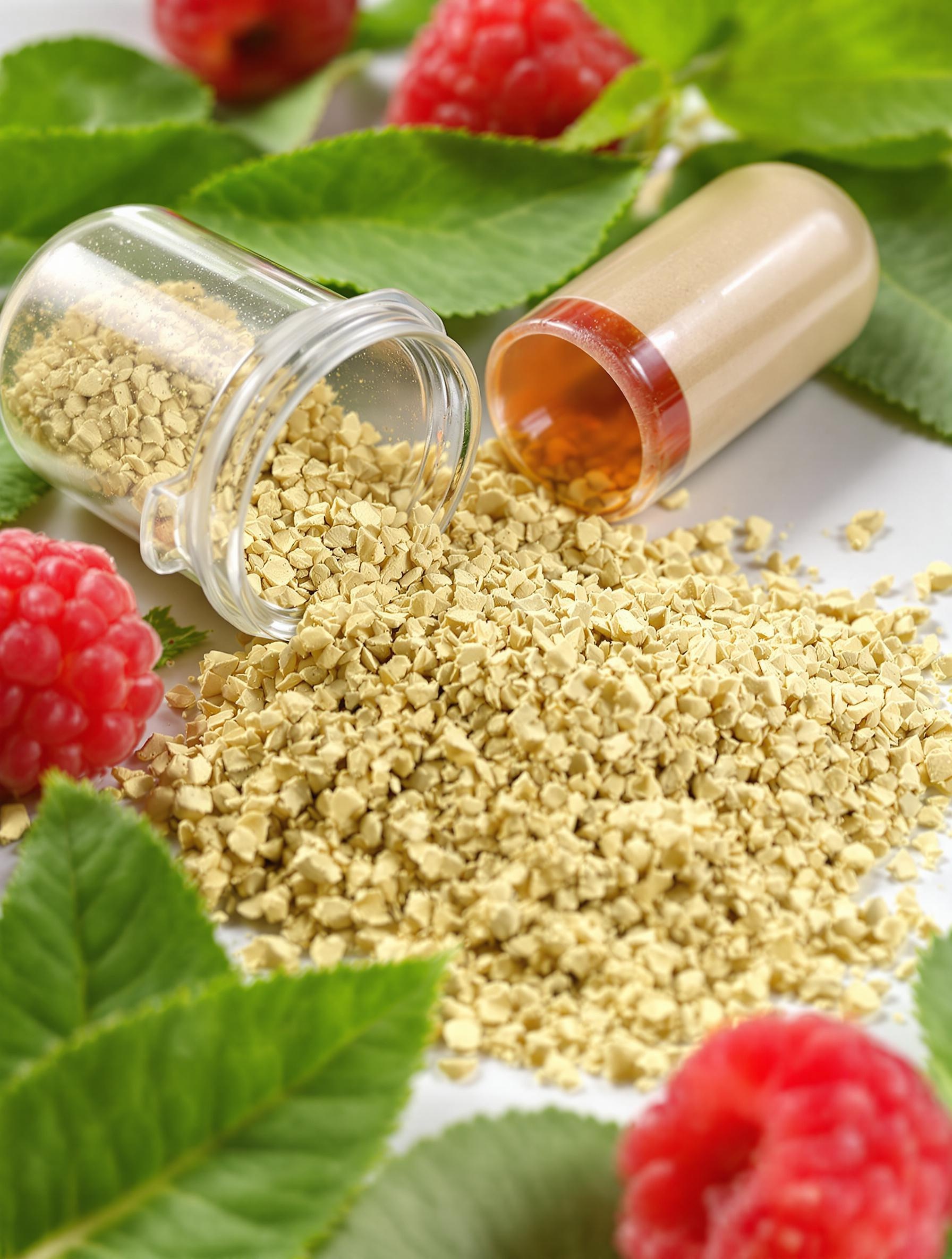 Gélule FitSmart ouverte révélant ses extraits actifs, entourée de feuilles de thé vert et de framboises mûres.