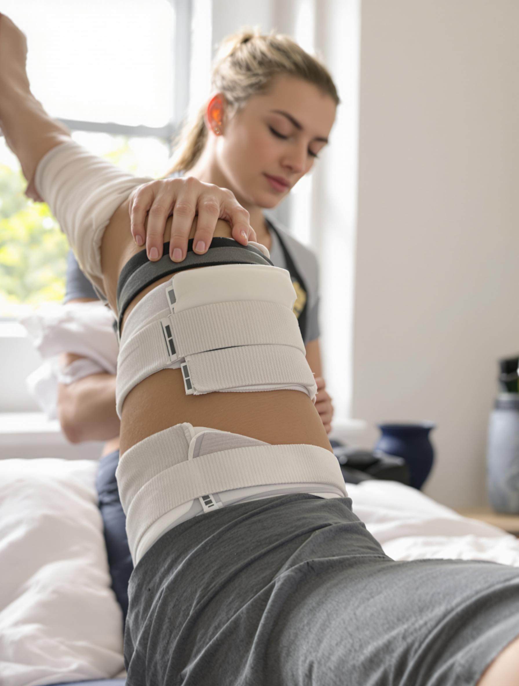 Application de glace et compression légère sur le quadriceps, avec une personne en position surélevée pratiquant une respiration diaphragmatique profonde