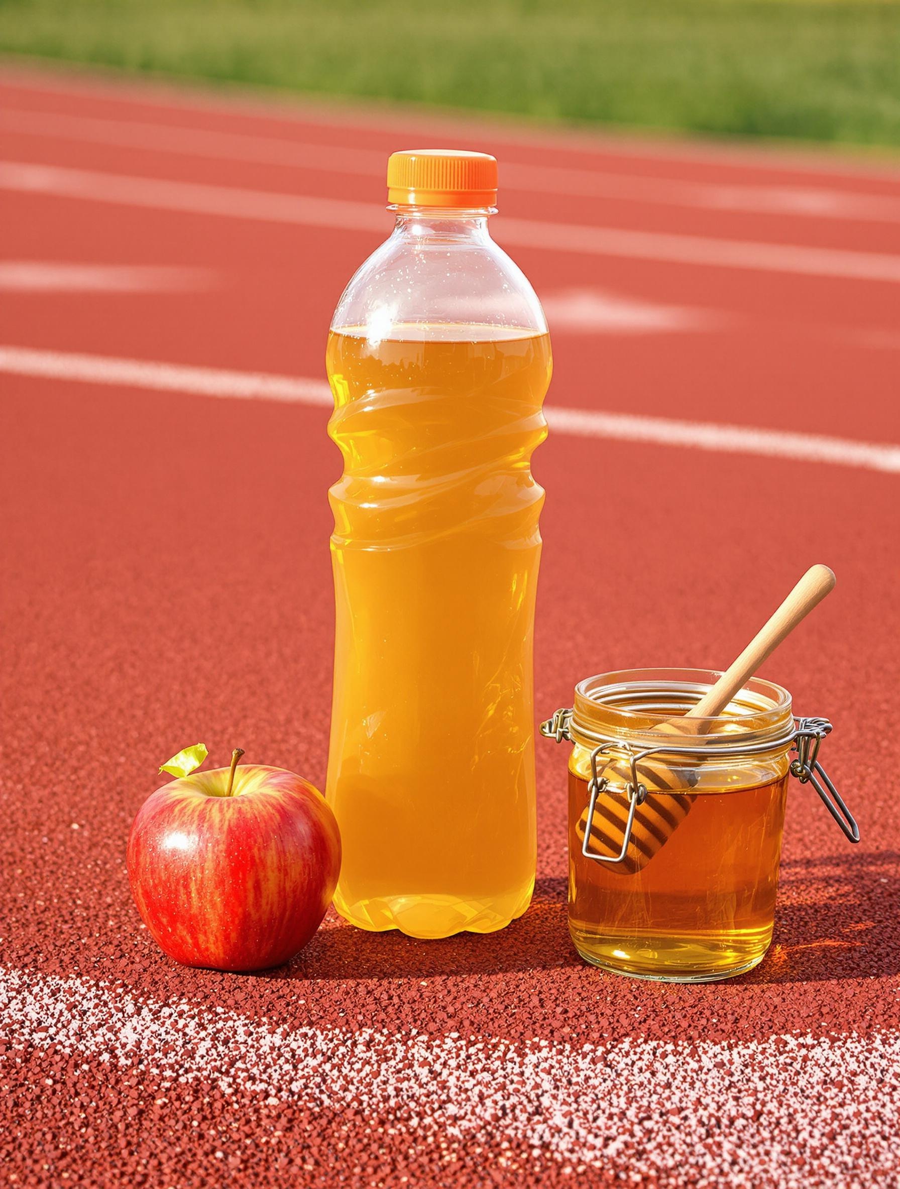 Gourde souple remplie de boisson ambrée, posée sur piste d’athlé, entourée d’une pomme fraîche et d’un pot de miel ouvert.