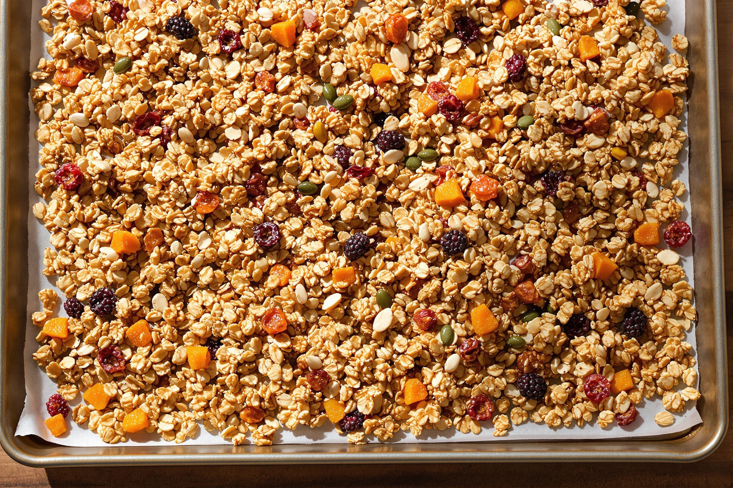 Granola maison doré extrait du four sur plaque