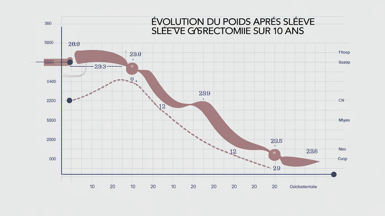 Graphique stylisé montrant l'évolution du poids après sleeve gastrectomie sur 10 ans