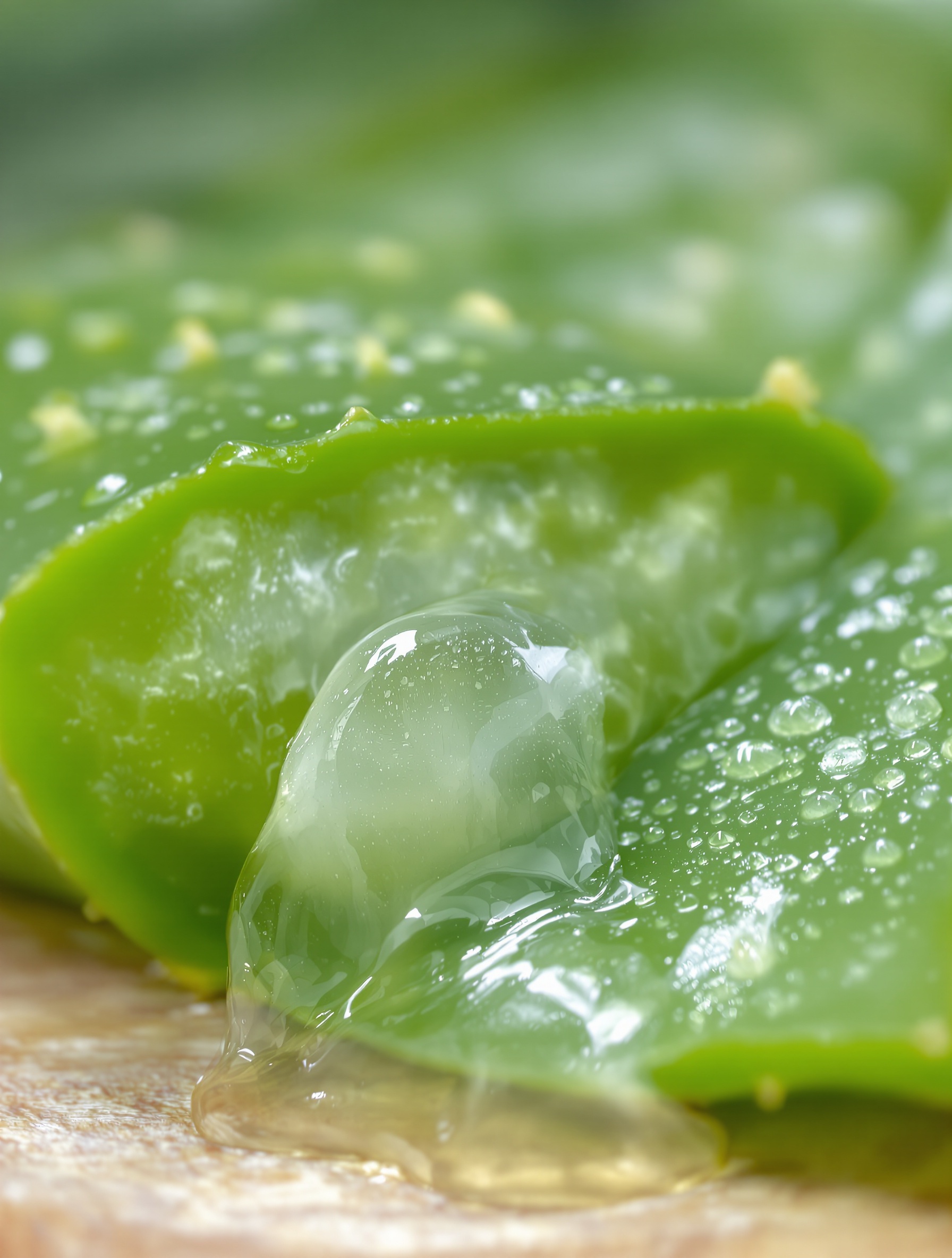 Gros plan sur une feuille d'aloe vera fraîchement coupée, montrant son gel translucide, symbole de fraîcheur et d'apaisement pour une peau irritée.