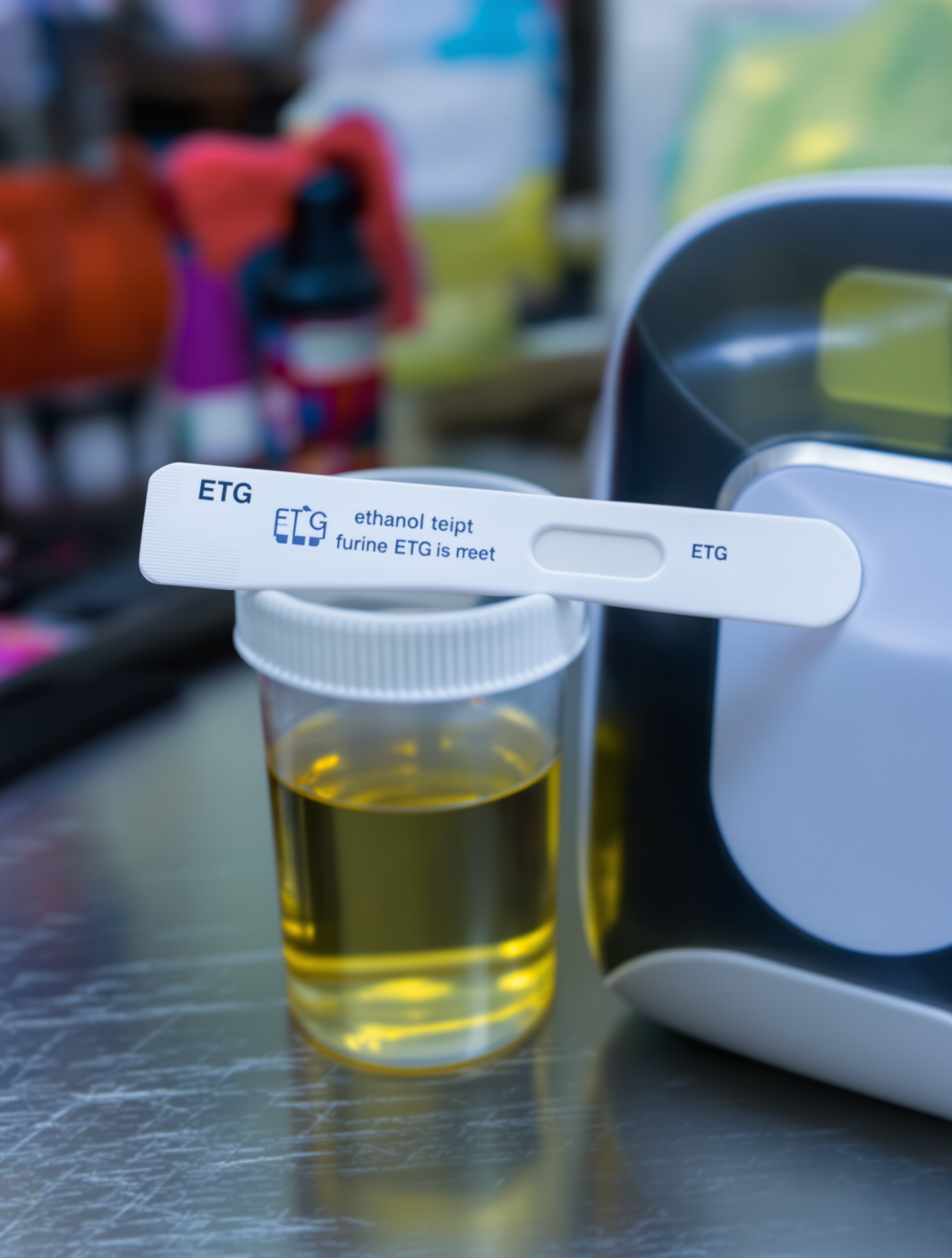 Comparatif visuel entre bandelette urinaire simple (éthanol) et test avancé EtG en laboratoire.