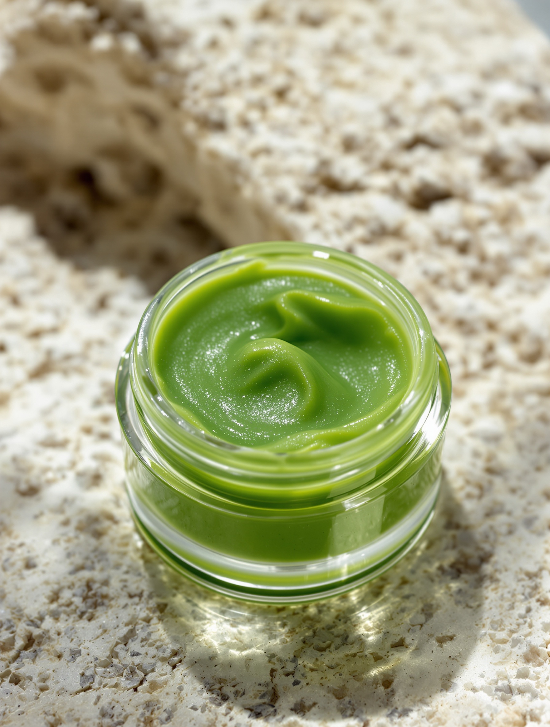 Baume vert d’huile de plantain dans un pot en verre
