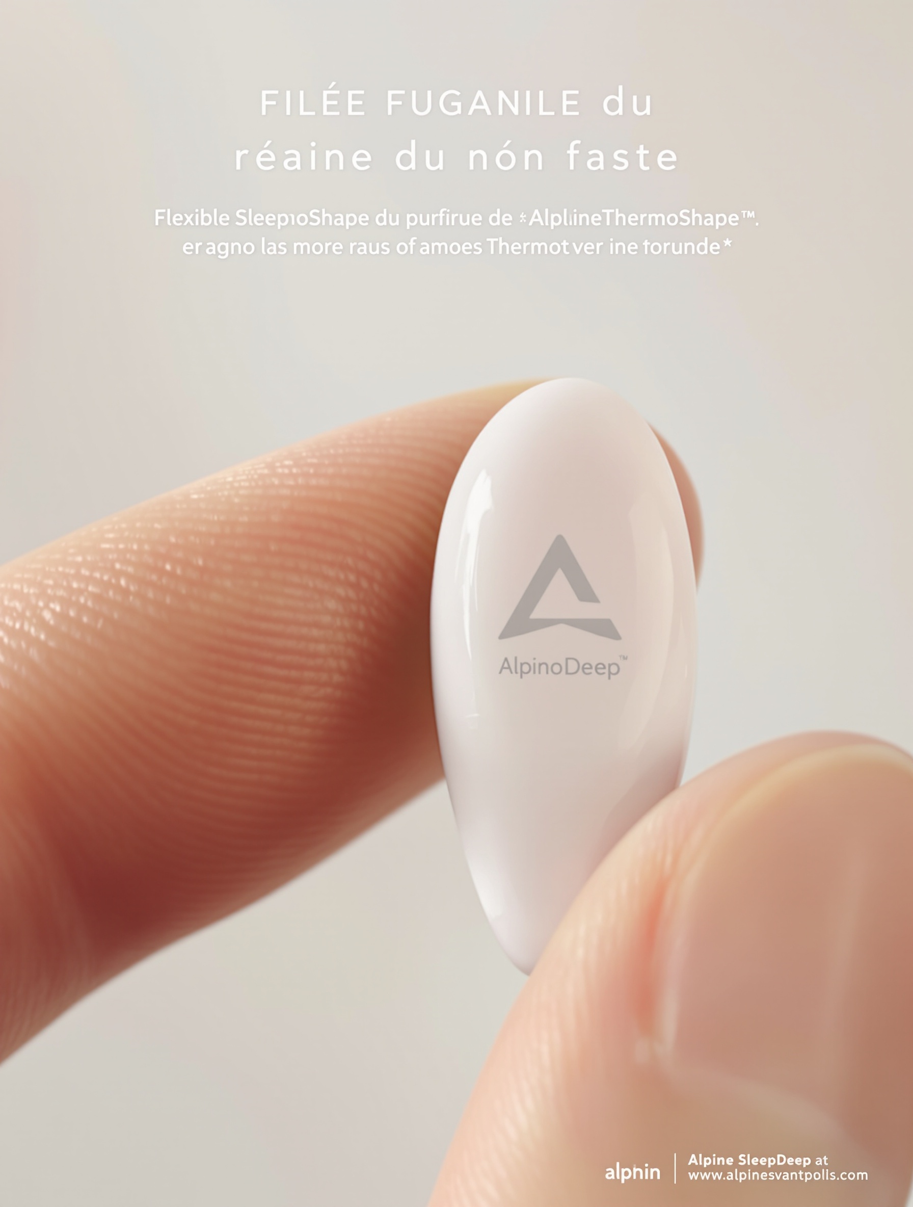 Bouchon d'oreille réutilisable Alpine SleepDeep tenu entre deux doigts en gros plan, mettant en valeur sa texture souple et ergonomique.