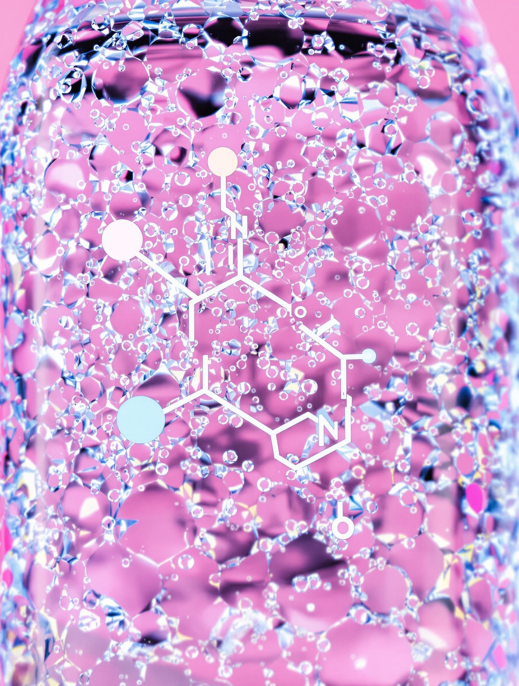 Gros plan sur une bouteille d’eau pétillante montrant des bulles, avec un schéma simplifié des ions bicarbonate, calcium et magnésium.