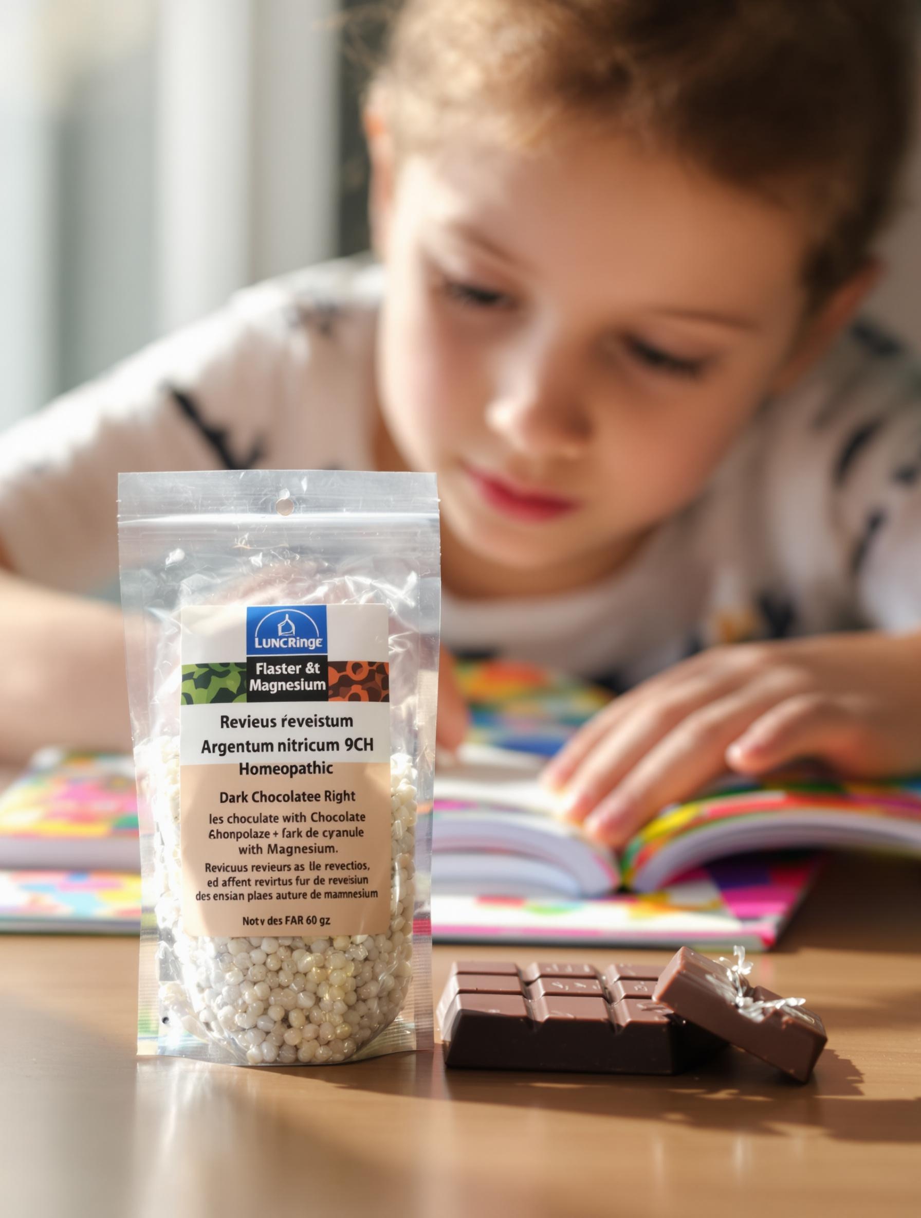 Gros plan d’un enfant révisant avec des granules Argentum nitricum 9CH et une tablette de chocolat noir riche en magnésium sur la table.