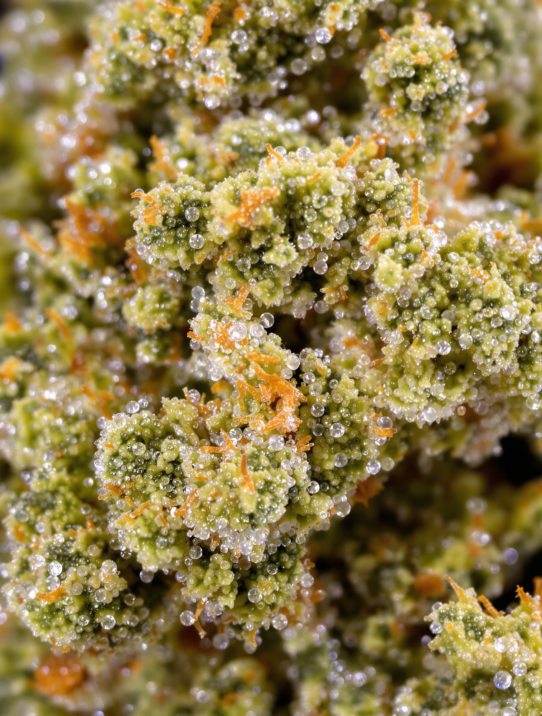 Gros plan sur une fleur de CBD indoor haut de gamme riche en trichomes et terpènes