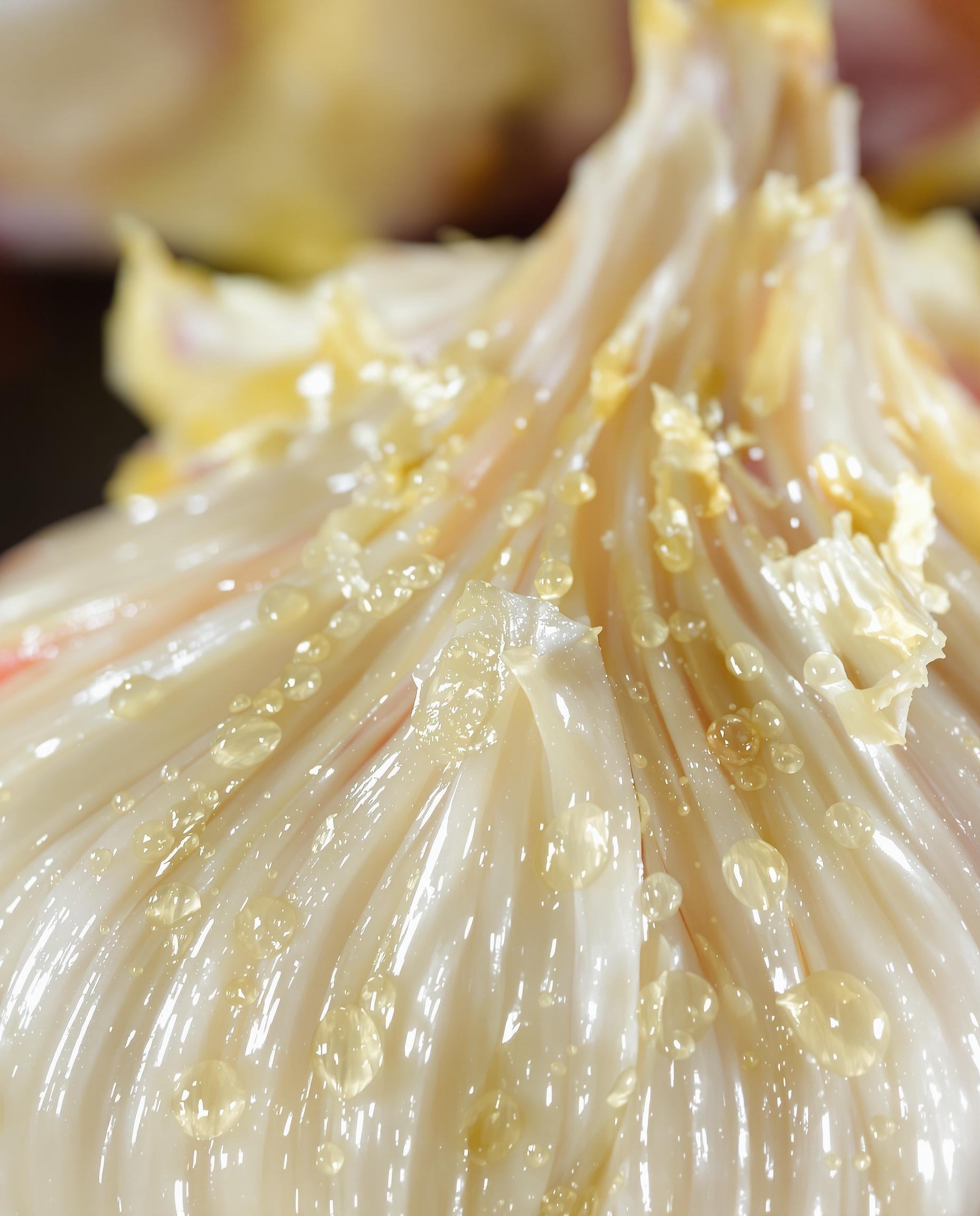 Gros plan d’une gousse d’ail fraîchement écrasée, perles de jus brillantes symbolisant l’allicine naissante.