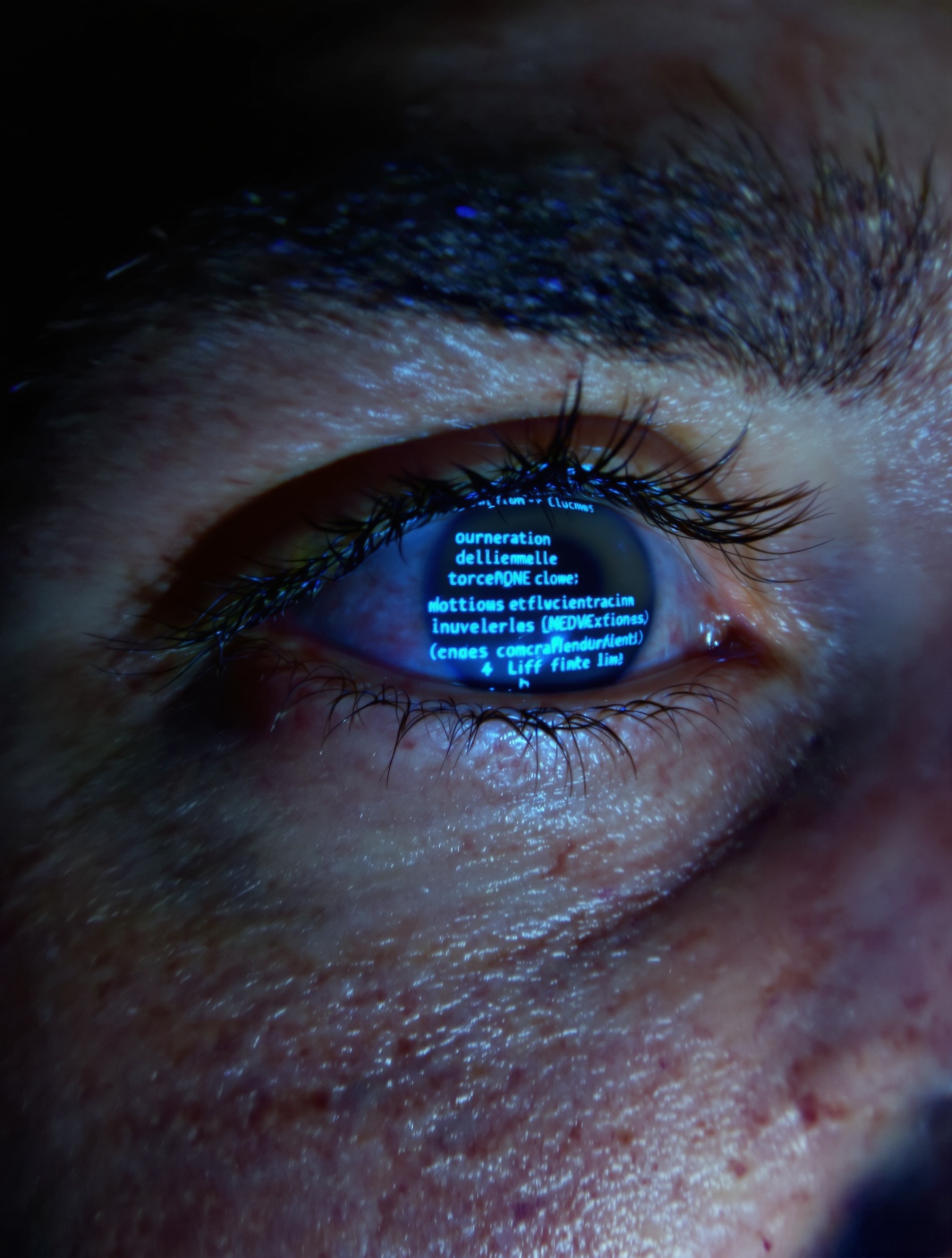 Œil fatigué illuminé par la lumière bleue d’un écran, refletant du code.