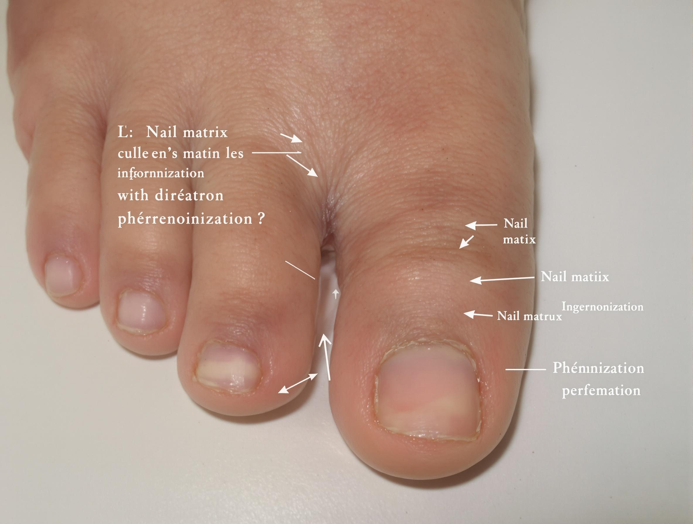 Gros plan d’un gros orteil avec ongle incarné, annotations montrant la matrice unguéale et la zone à phénoliser.