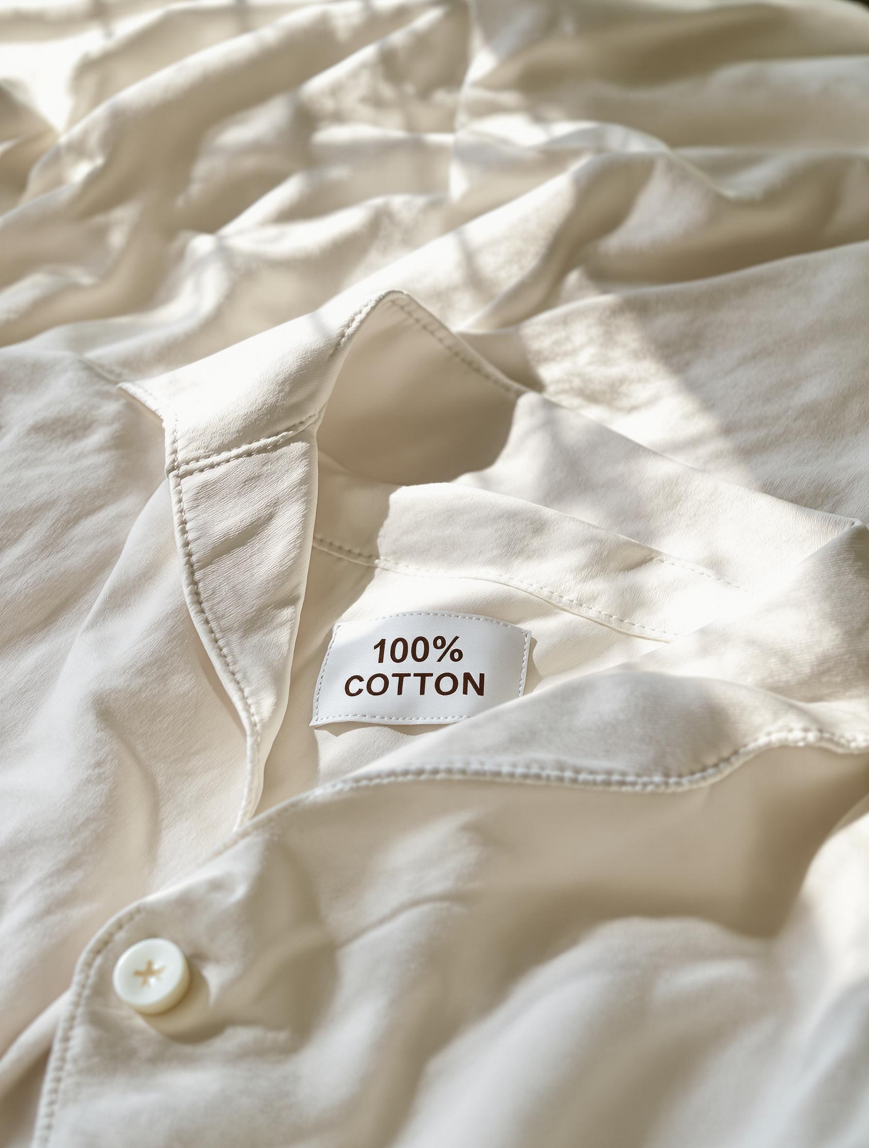 Gros plan sur un pyjama en coton bio respirant posé sur un lit avec une étiquette indiquant 100 % coton.