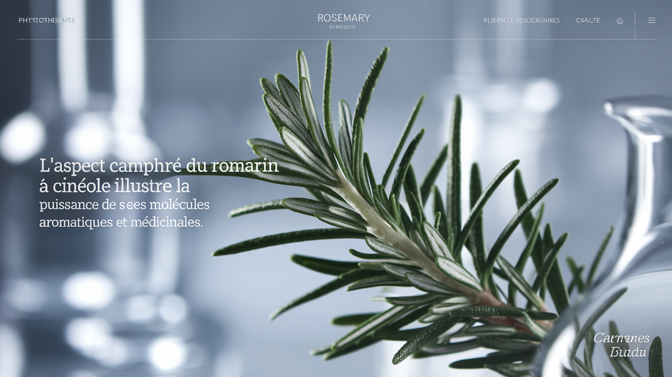 Branche de romarin frais en gros plan, détails visibles sur les bulbes pileux, arrière-plan flouté évoquant un laboratoire de phytothérapie. Légende : 'L’aspect camphré du romarin à cinéole illustre la puissance de ses molécules aromatiques et médicinales.'