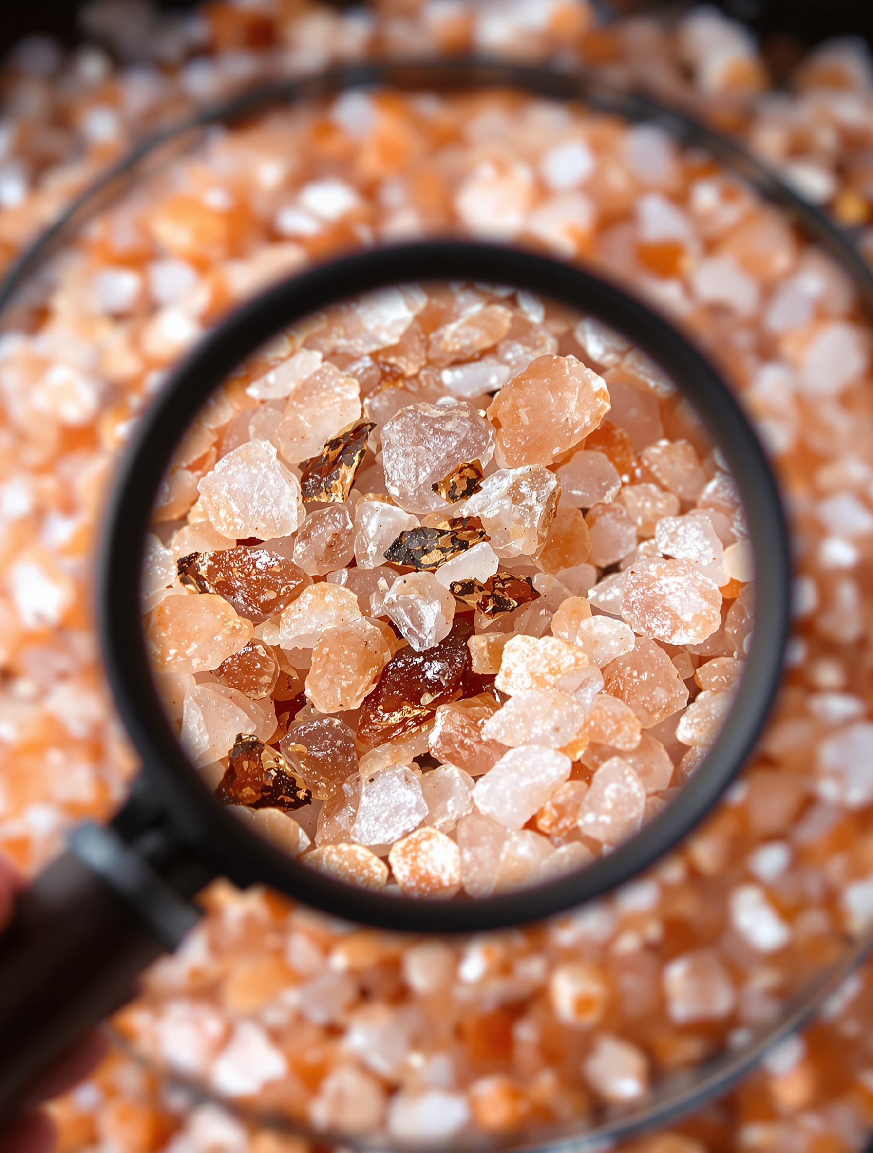 Gros plan critique de grains de sel rose d'Himalaya sous loupe révélant impuretés/métaux lourds.