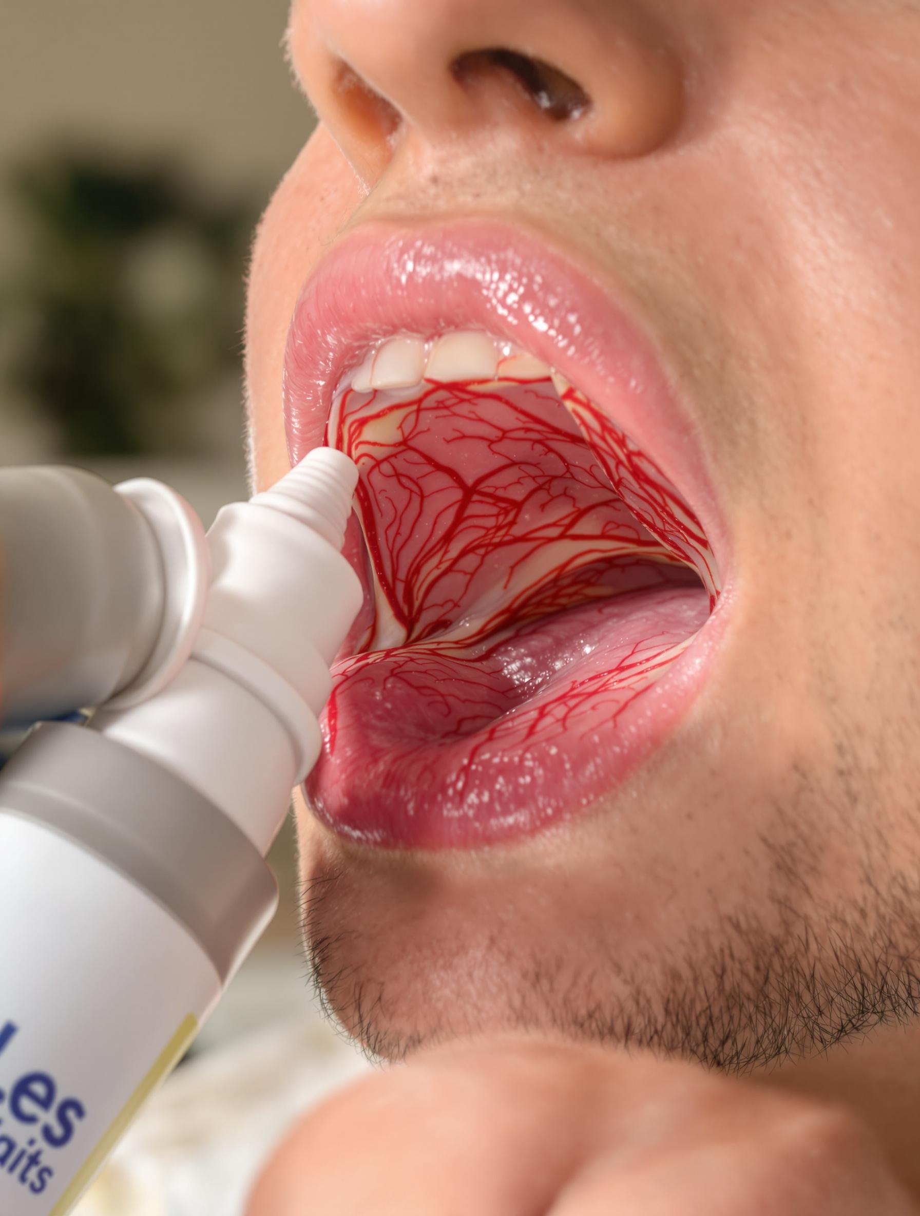 Gros plan d’un patient administrant un spray sublingual, montrant les muqueuses riches en vaisseaux sanguins permettant une absorption rapide
