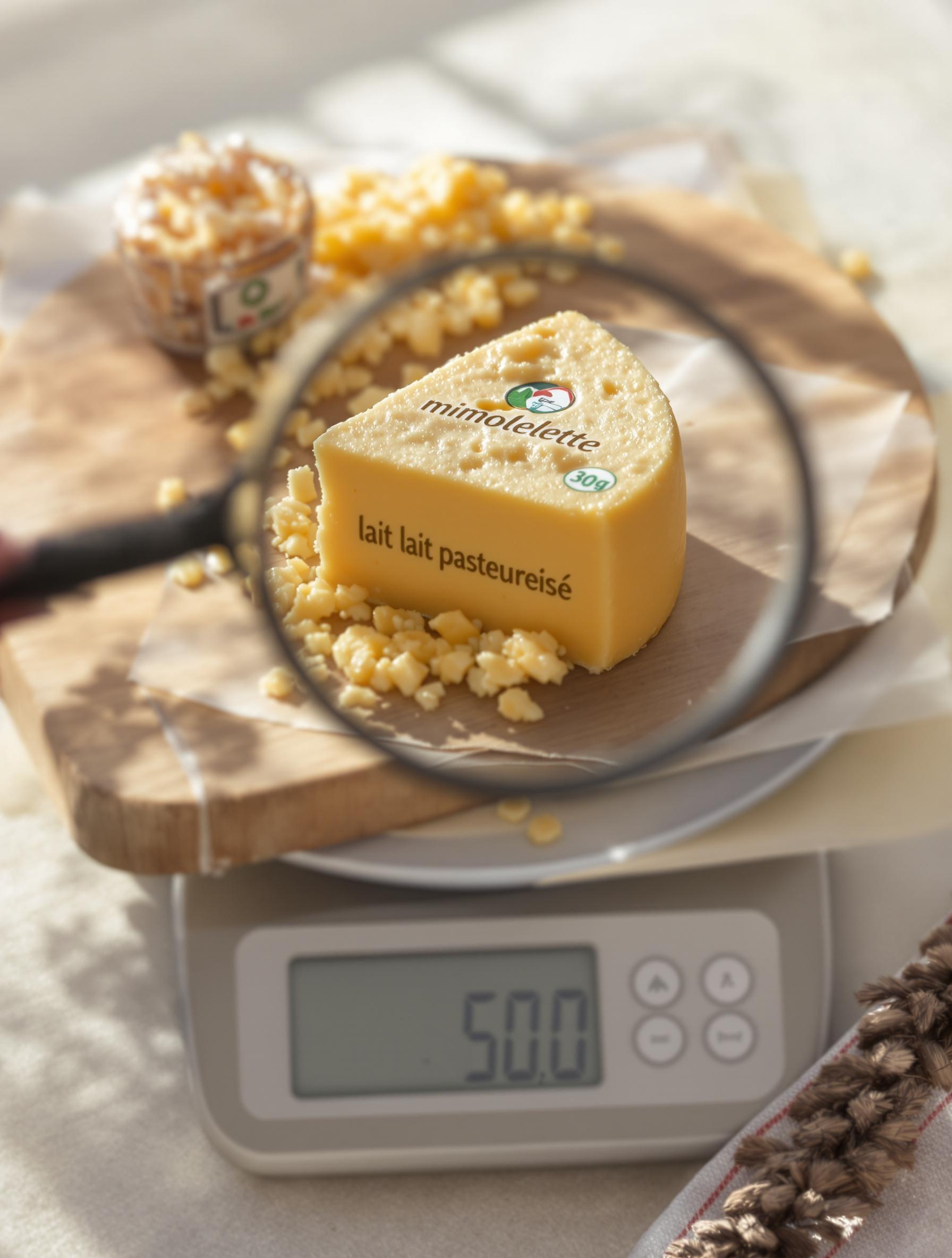 Portion sûre de mimolette pendant la grossesse sur planche bois avec loupe sur étiquette lait pasteurisé