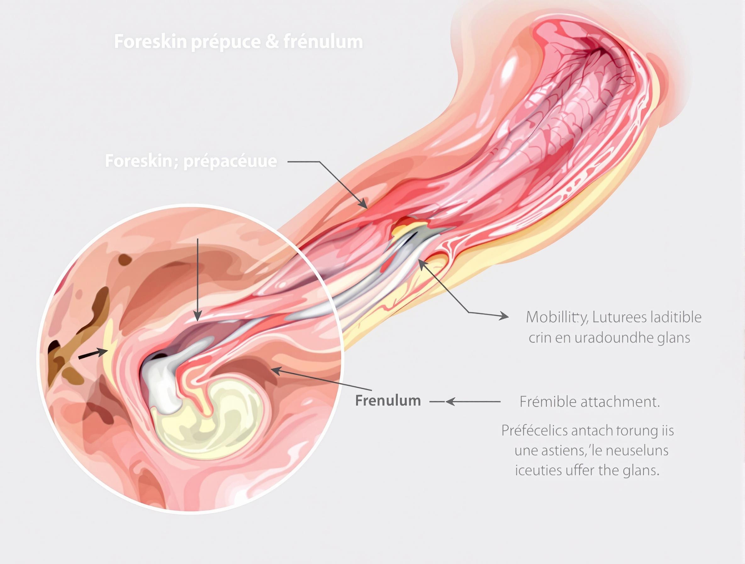 Schéma détaillé du prépuce et du frein montrant la protection et la lubrification du gland