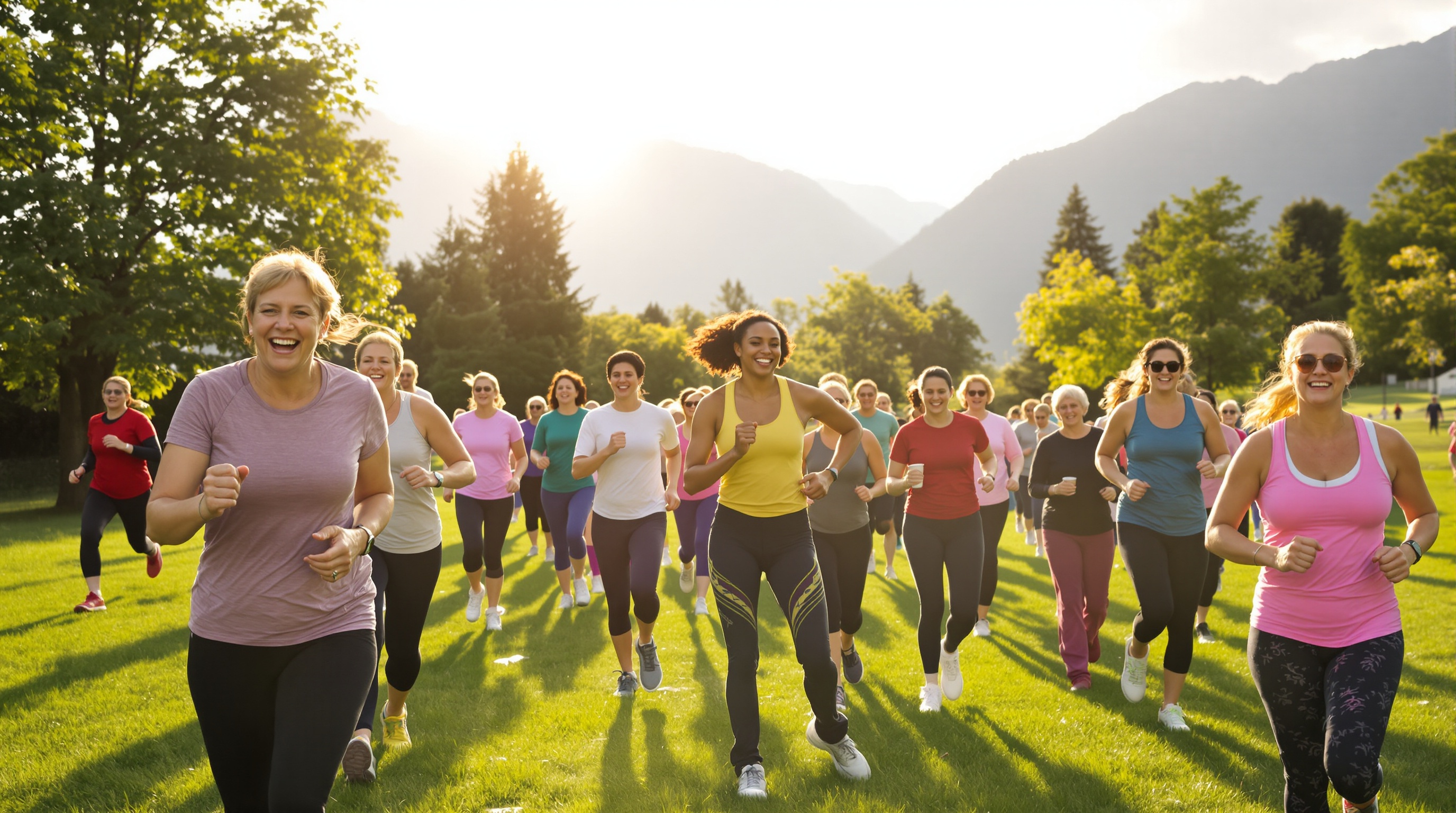 Groupe intergénérationnel pratiquant activité physique douce en plein air